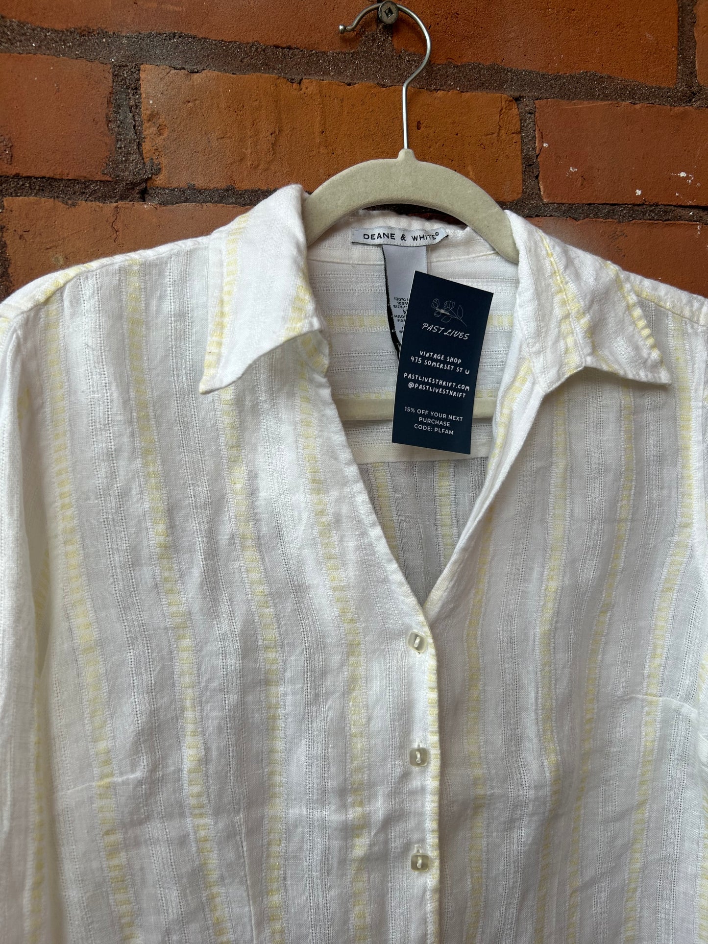 Y2K Vintage White & Yellow Striped Linen Button Down Shirt / Size M