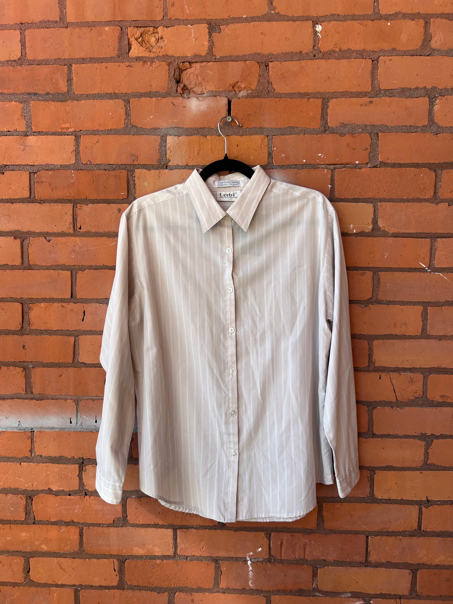 90’s Vintage Beige & White Pinstripe Button Down Shirt / Size L