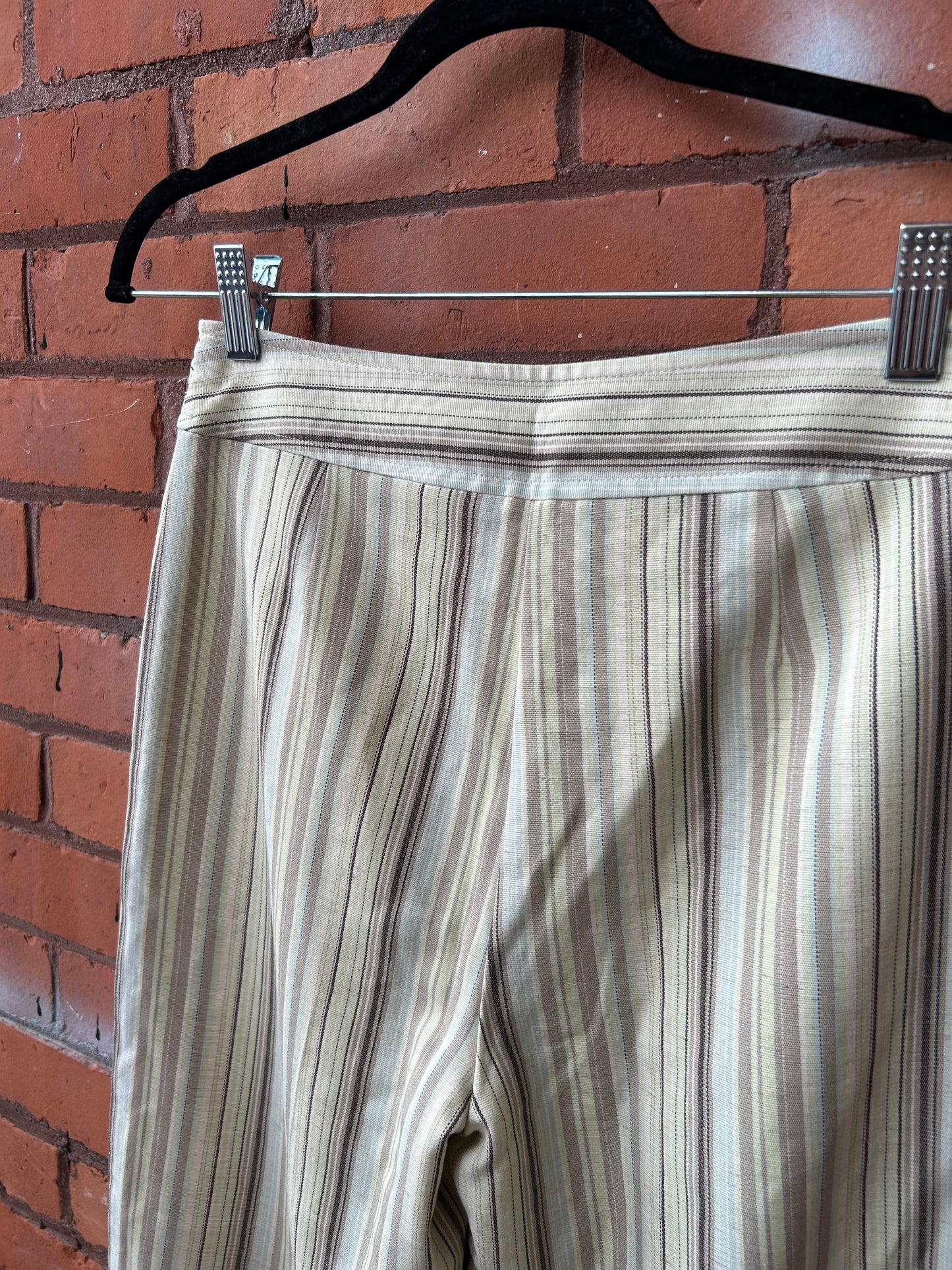 90’s Vintage Green & Brown Striped Linen Blend Wide Leg Pants / 26 Waist