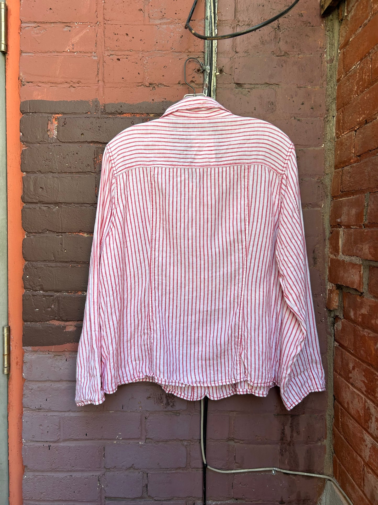 90’s Vintage White & Red Striped Linen Trucker Shirt / Size XL