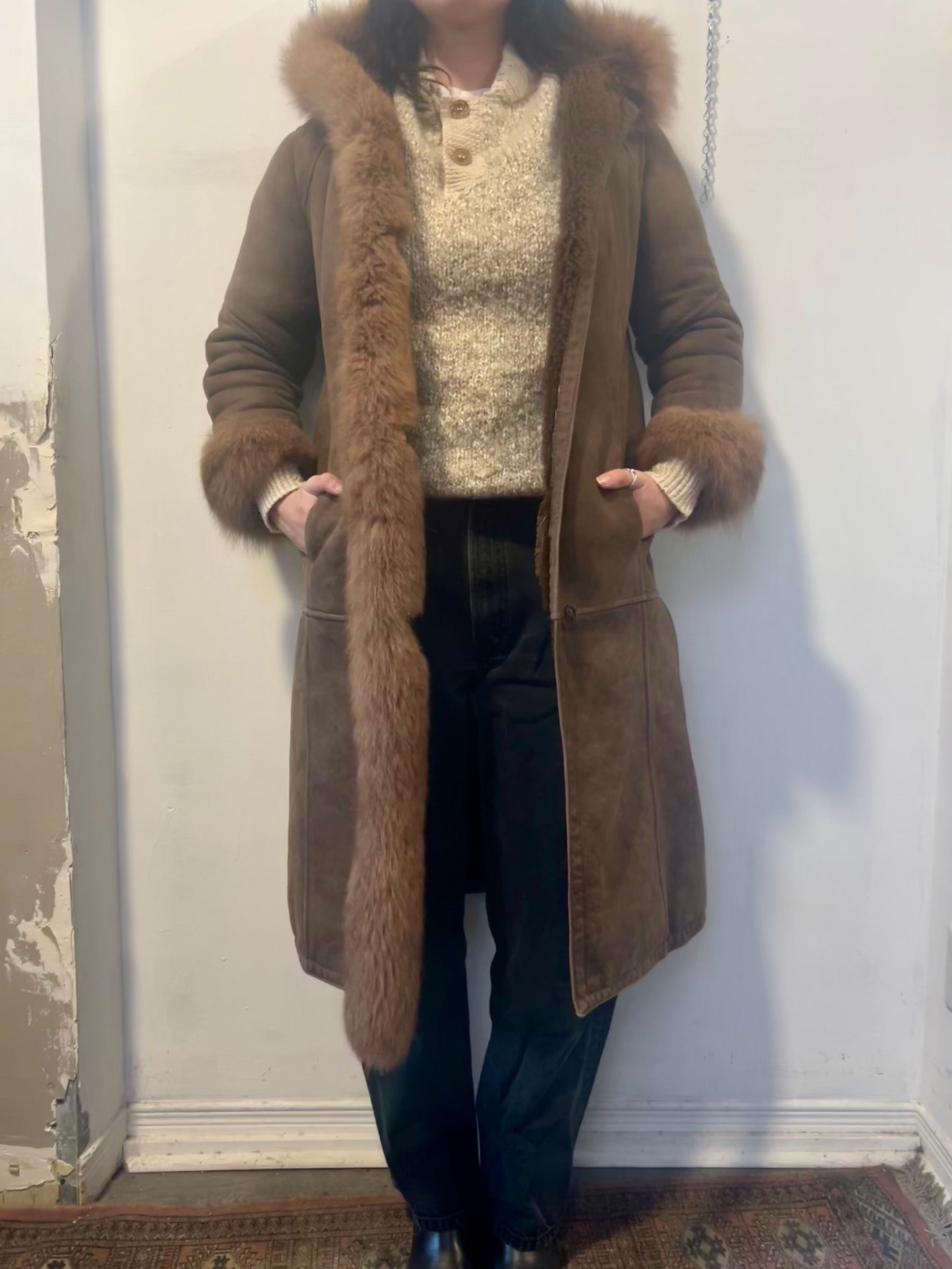 80’s Vintage Brown Sheepskin & Fur Trim Hooded Coat / Size S