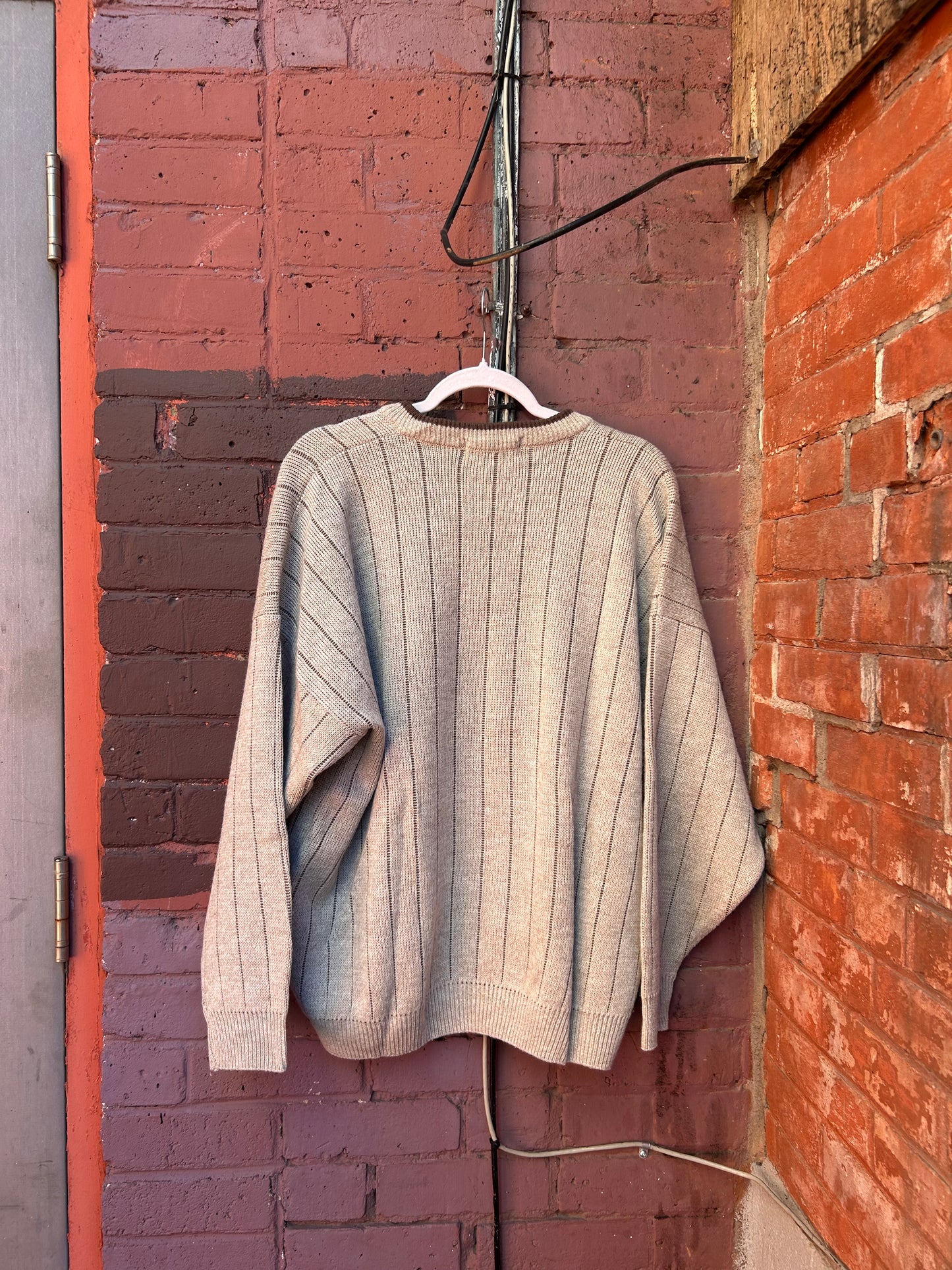 90's Vintage Beige & Brown Striped V-Neck Knit / Size XXL