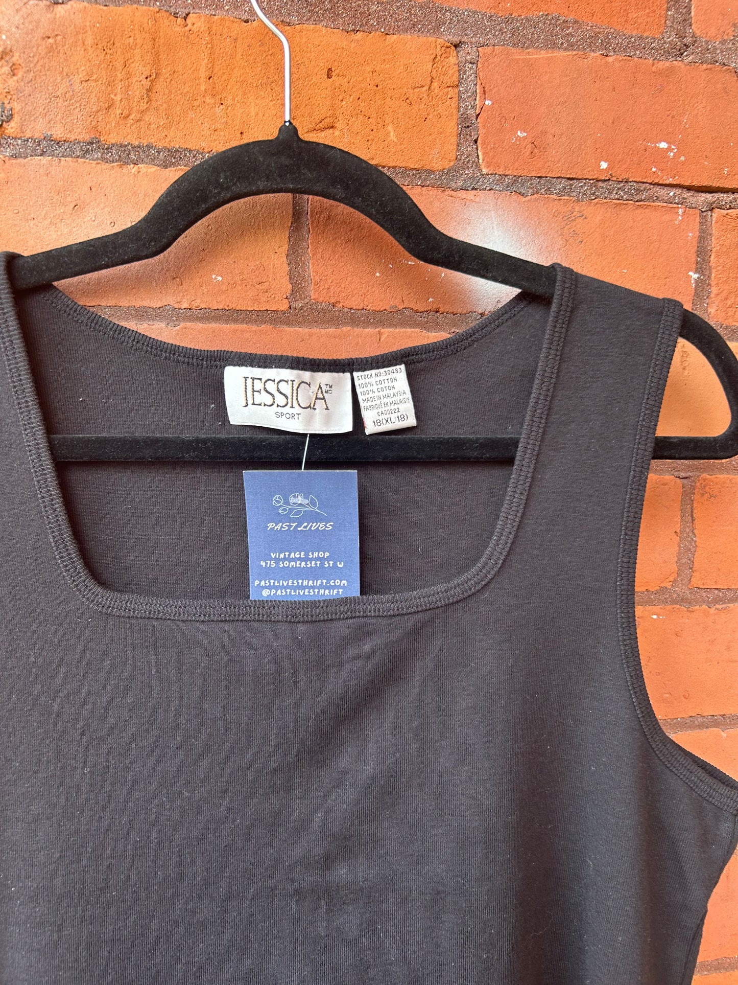 90’s Vintage Black Cotton Square Neck Tank Top / Size XL