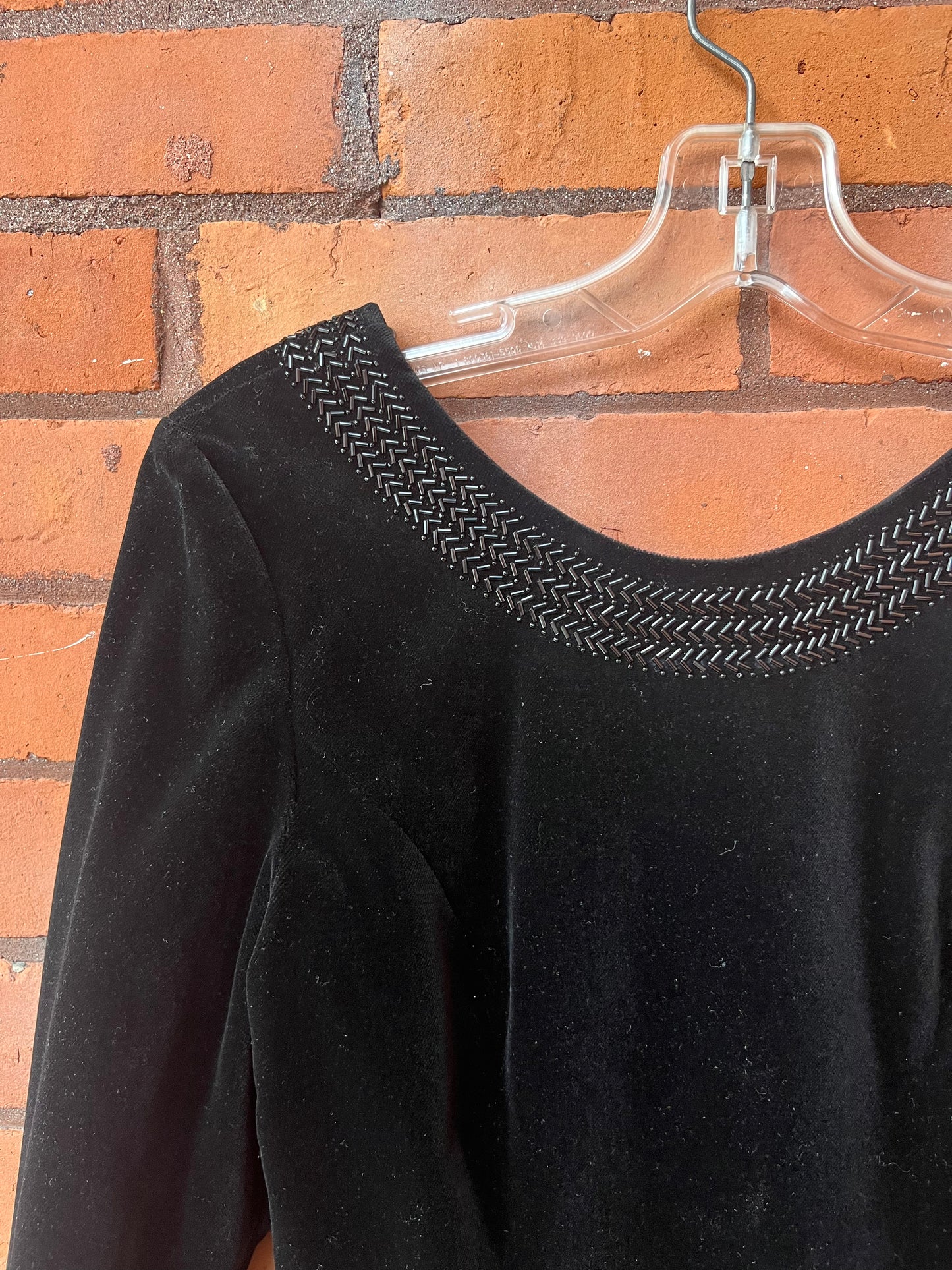 90’s Vintage Laura Ashley Black Velvet Beaded Longsleeve Mini Dress / Size 4