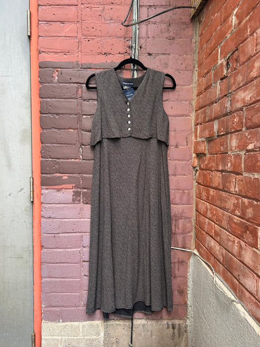 90's Vintage Black & Beige Rayon Maxi Dress / Size 8-10