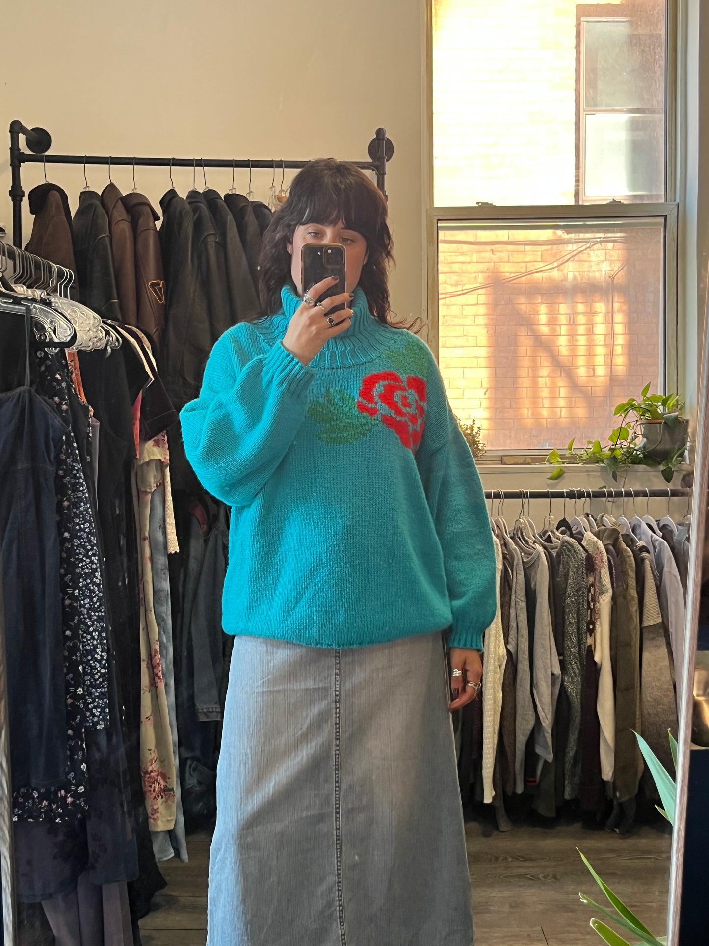 90’s Vintage Handmade Turquoise Rose Sweater / Size XL