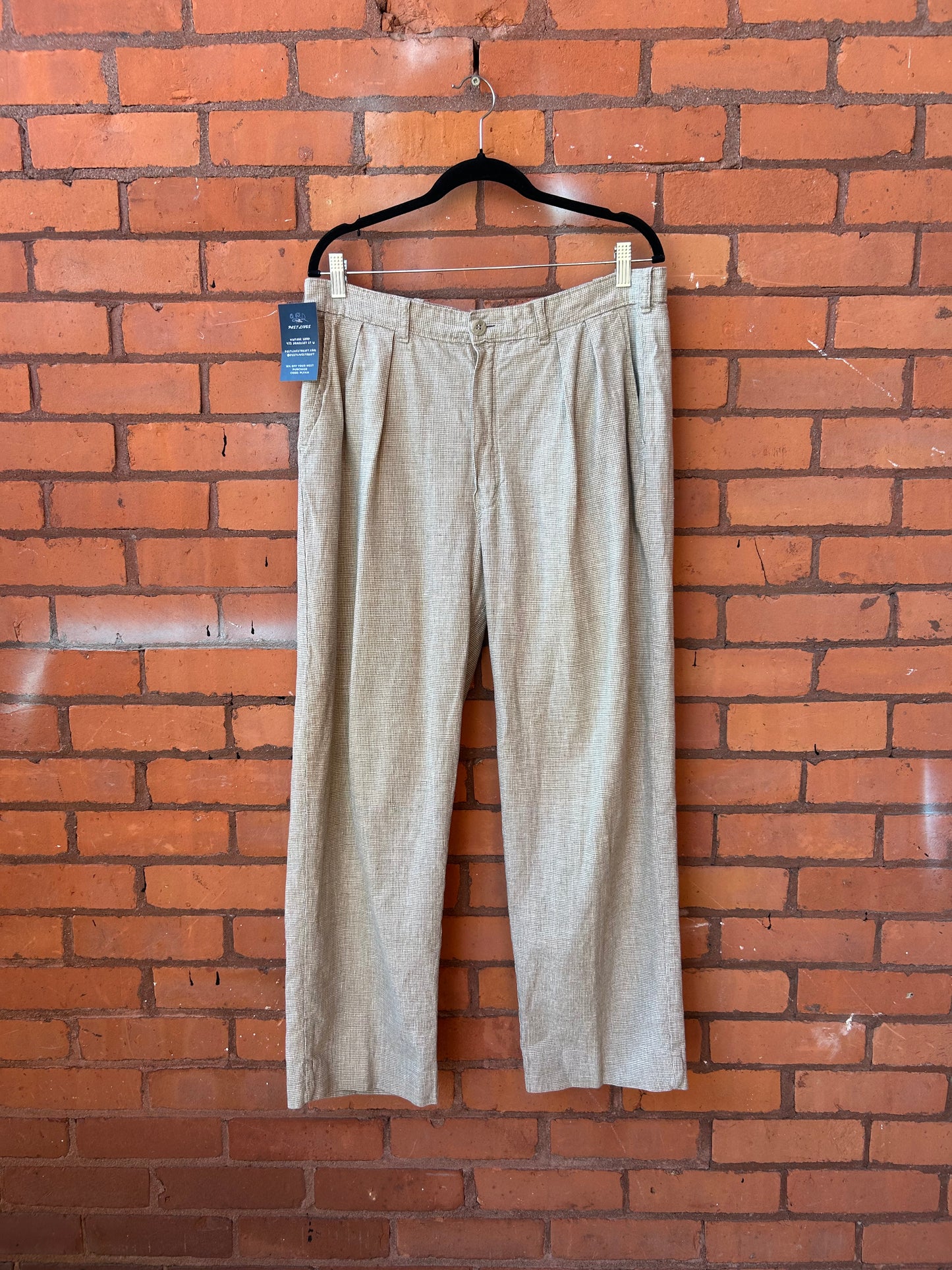 90’s Vintage Sage & Cream Gingham Linen Blend Trousers / 36 Waist
