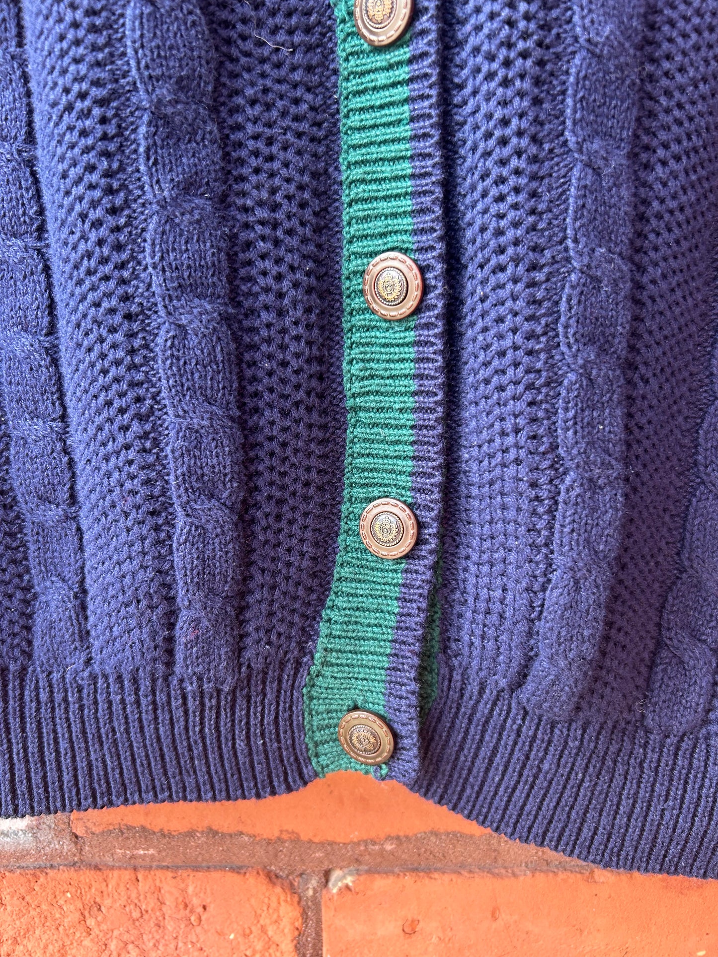 90’s Vintage Navy & Green Cotton Cable Knit Sweater Vest / Size XL