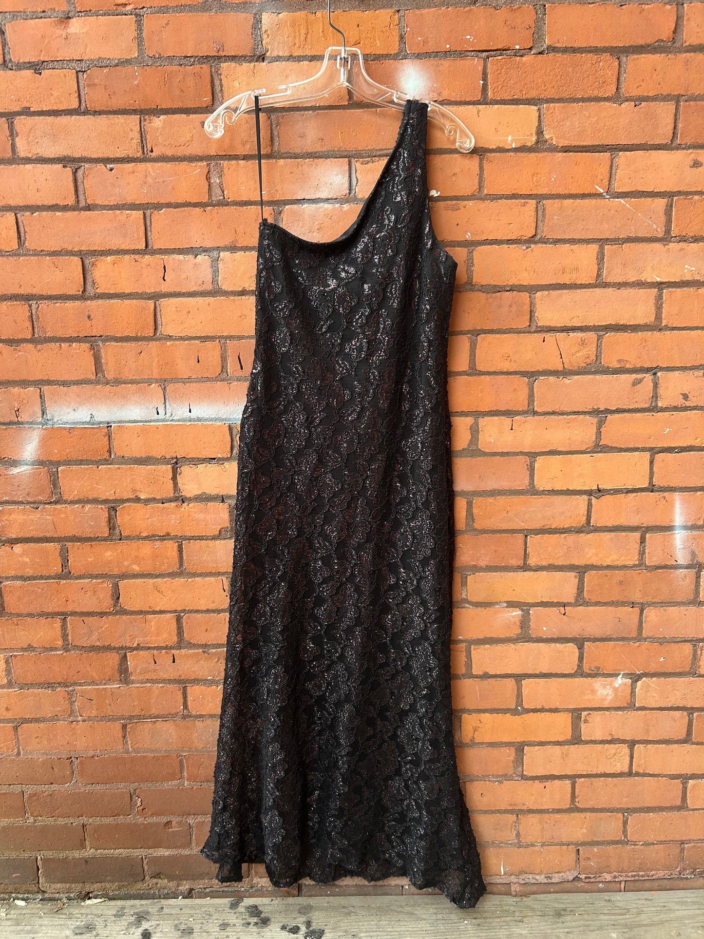 90’s Vintage Black Metallic Lace One Shoulder Dress / Size 10-12
