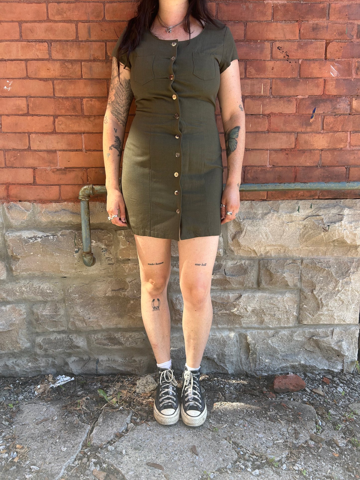90’s Vintage Olive Linen Blend Button Down Tshirt Dress / Size 10
