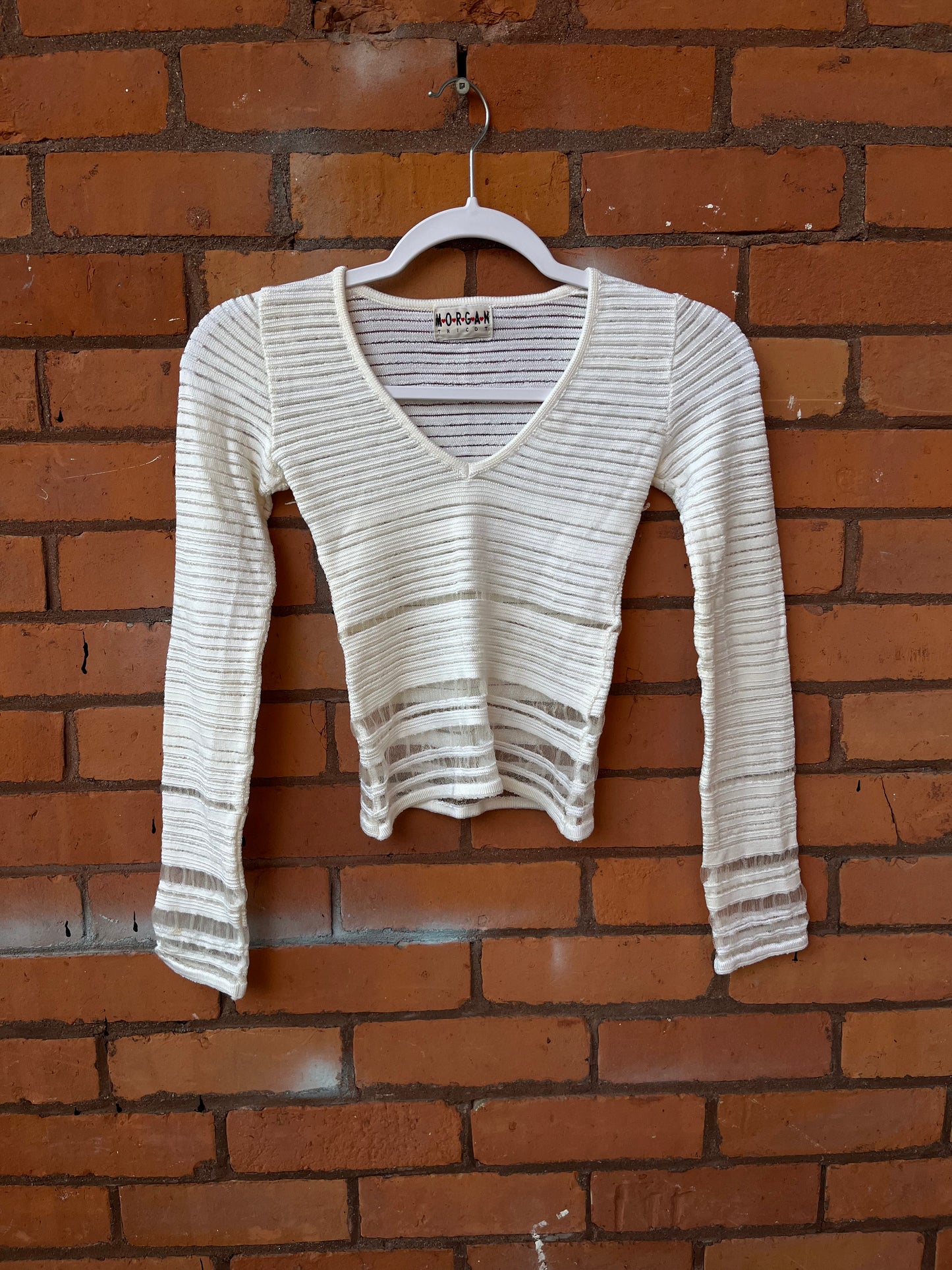 90’s Vintage Morgan De Toi White Sheer Striped Longsleeve Top / Size XS