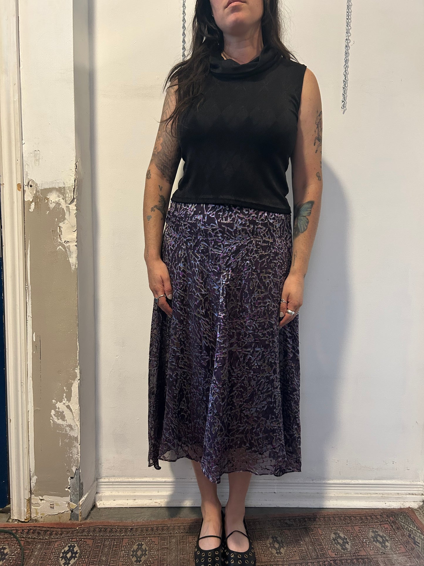 90’s Vintage Purple Velvet Burnout Silk Midi Skirt / 32 Waist