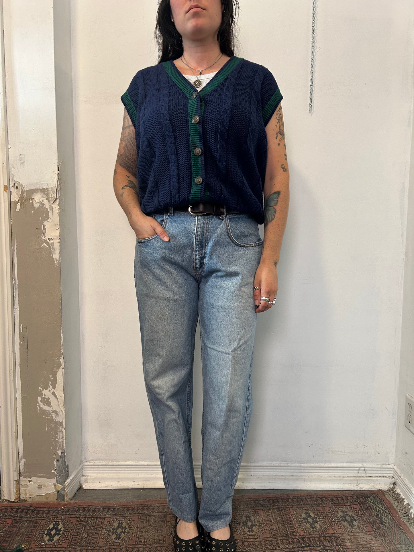 90’s Vintage Navy & Green Cotton Cable Knit Sweater Vest / Size XL