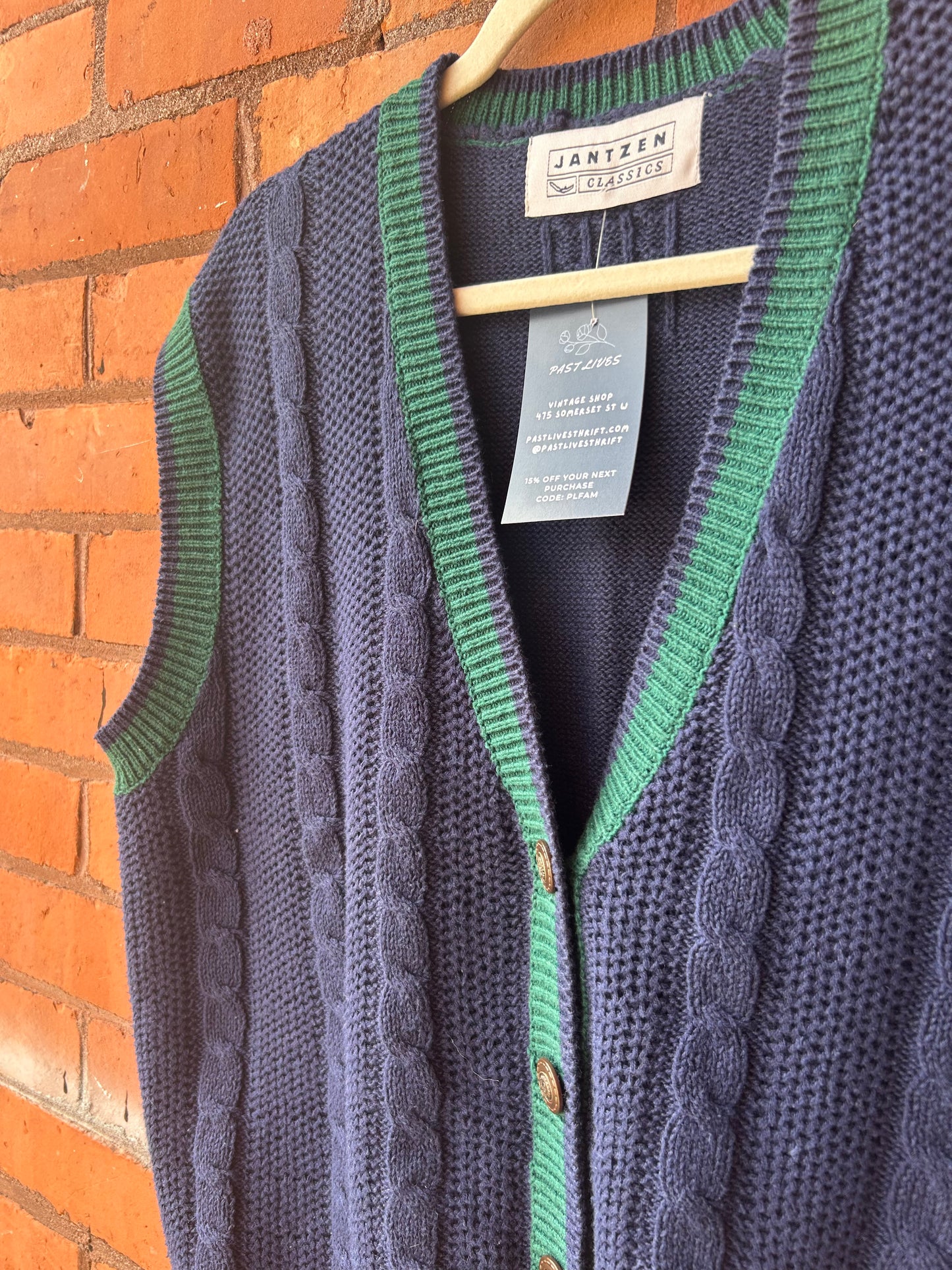 90’s Vintage Navy & Green Cotton Cable Knit Sweater Vest / Size XL