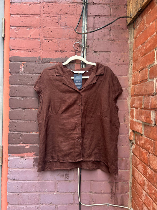 Y2K Vintage Brown Linen Cap Sleeve Blouse / Size XL