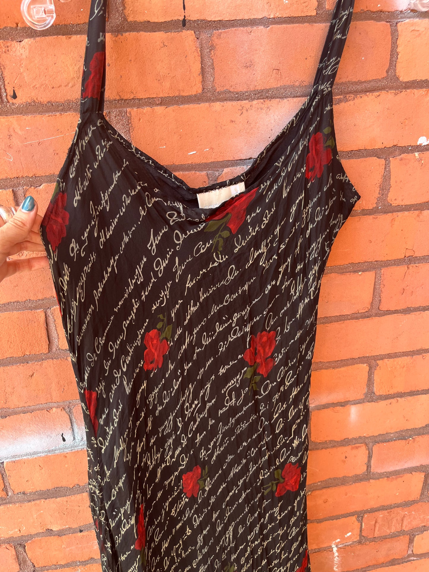 90’s Vintage Dark Romantic Script & Rose Print Flowy Maxi Dress/ Size L