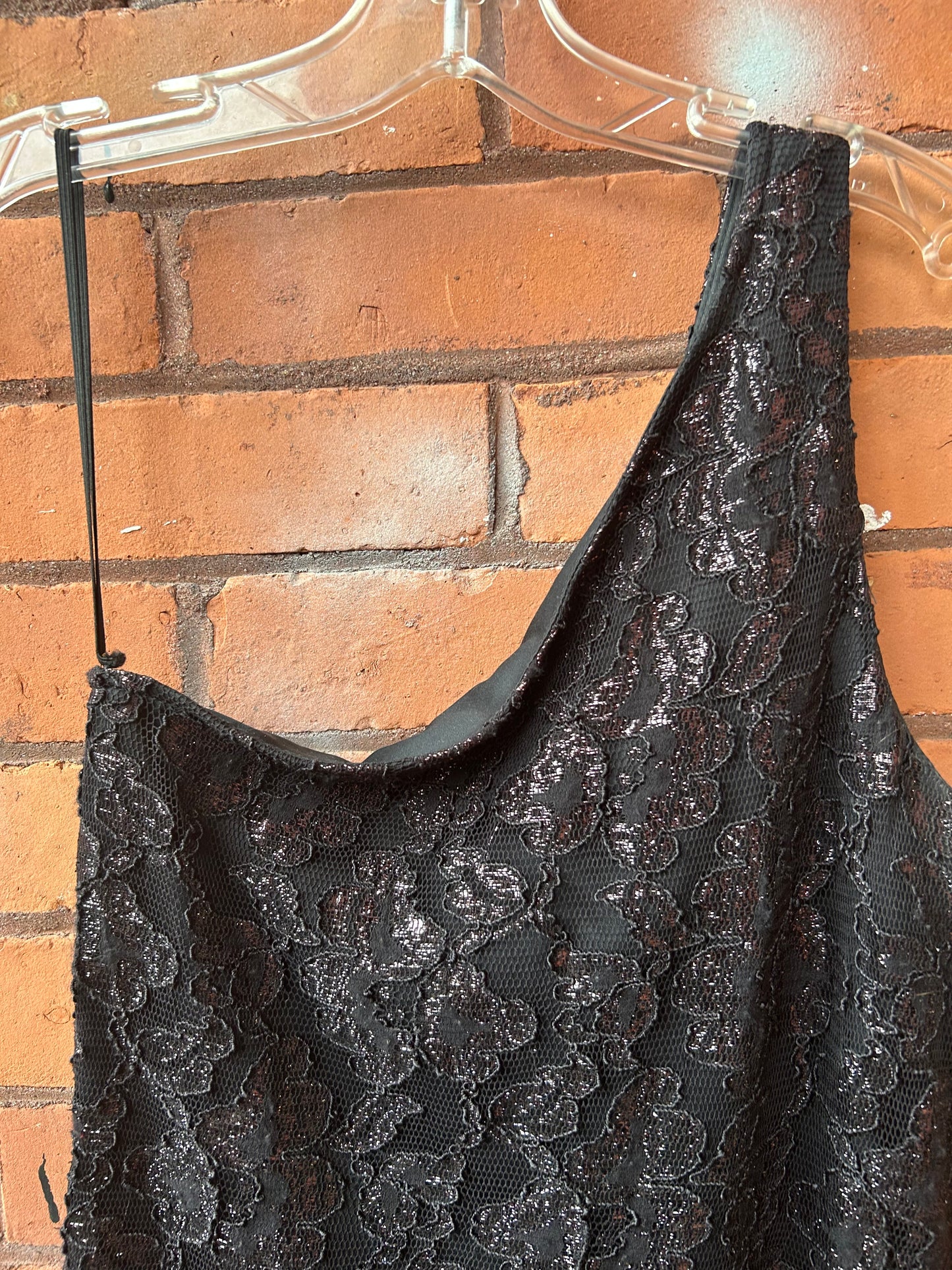 90’s Vintage Black Metallic Lace One Shoulder Dress / Size 10-12