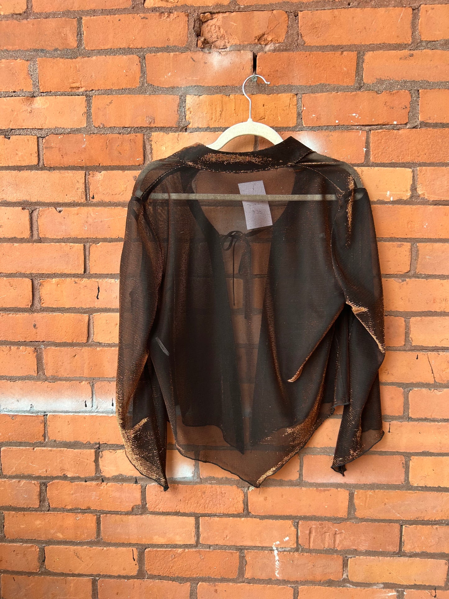 90’s Vintage Sheer Bronze & Black Mesh Tie Blouse / Size L