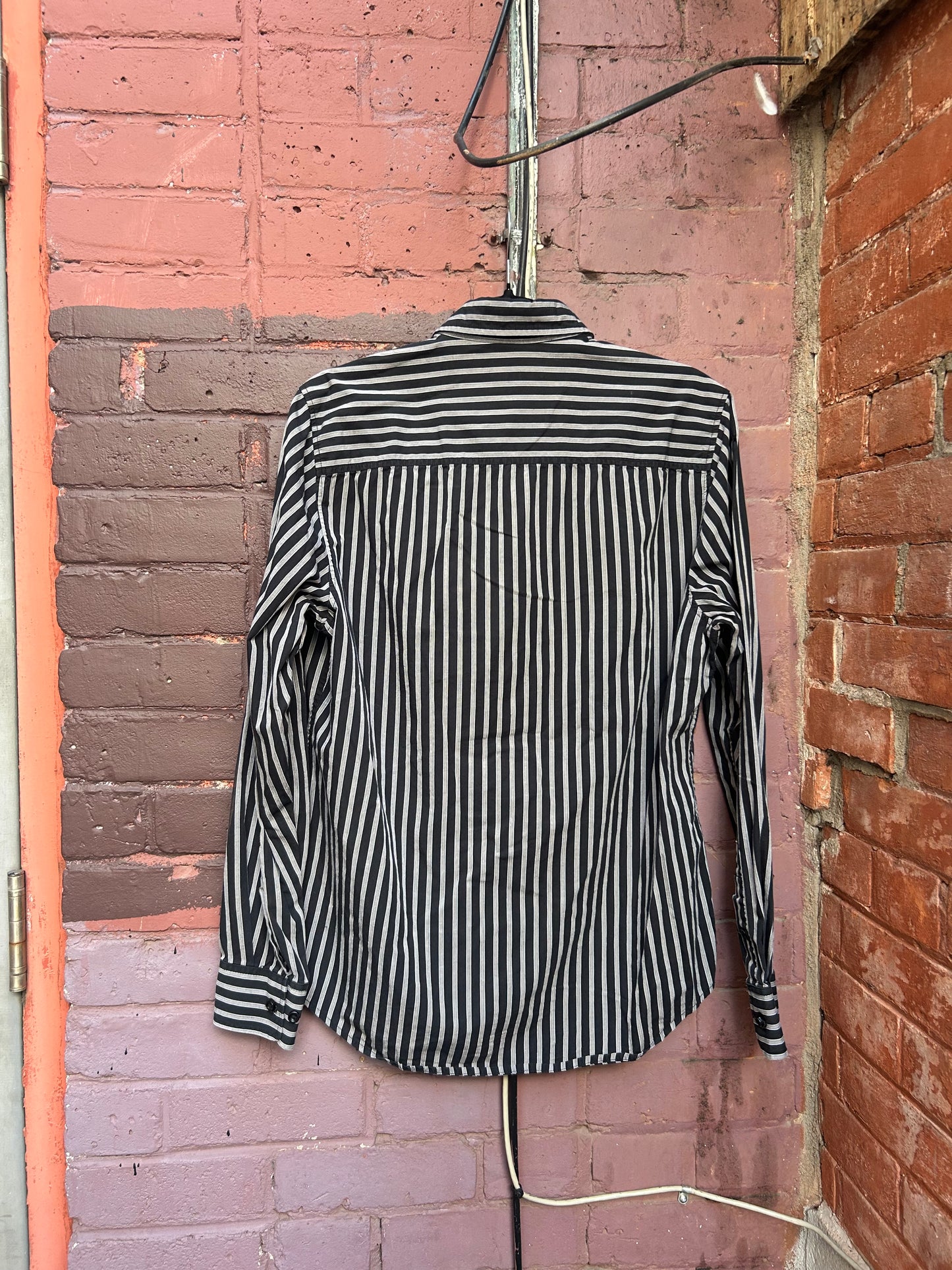 90's Vintage Grey & Black Striped Cotton Button Down Shirt / Size S