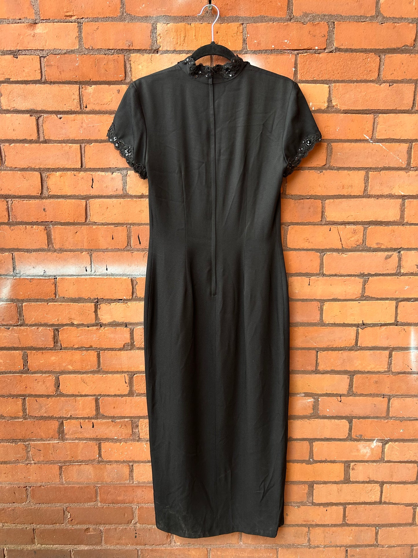 90’s Vintage Black Beaded Short Sleeve High Slit Dress / Size 8-10