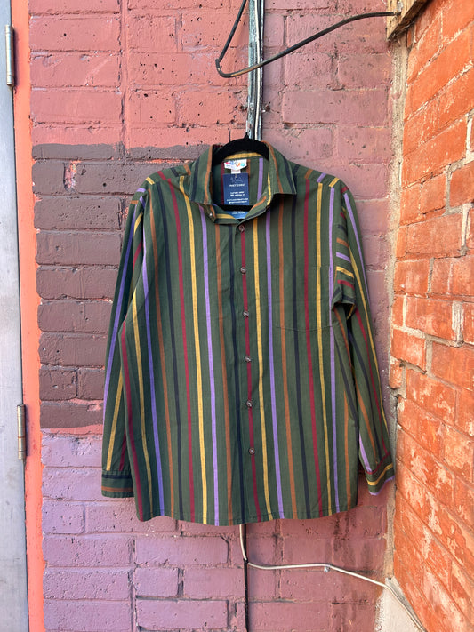 90's Vintage Green & Rainbow Striped Button Down Shirt / Size M