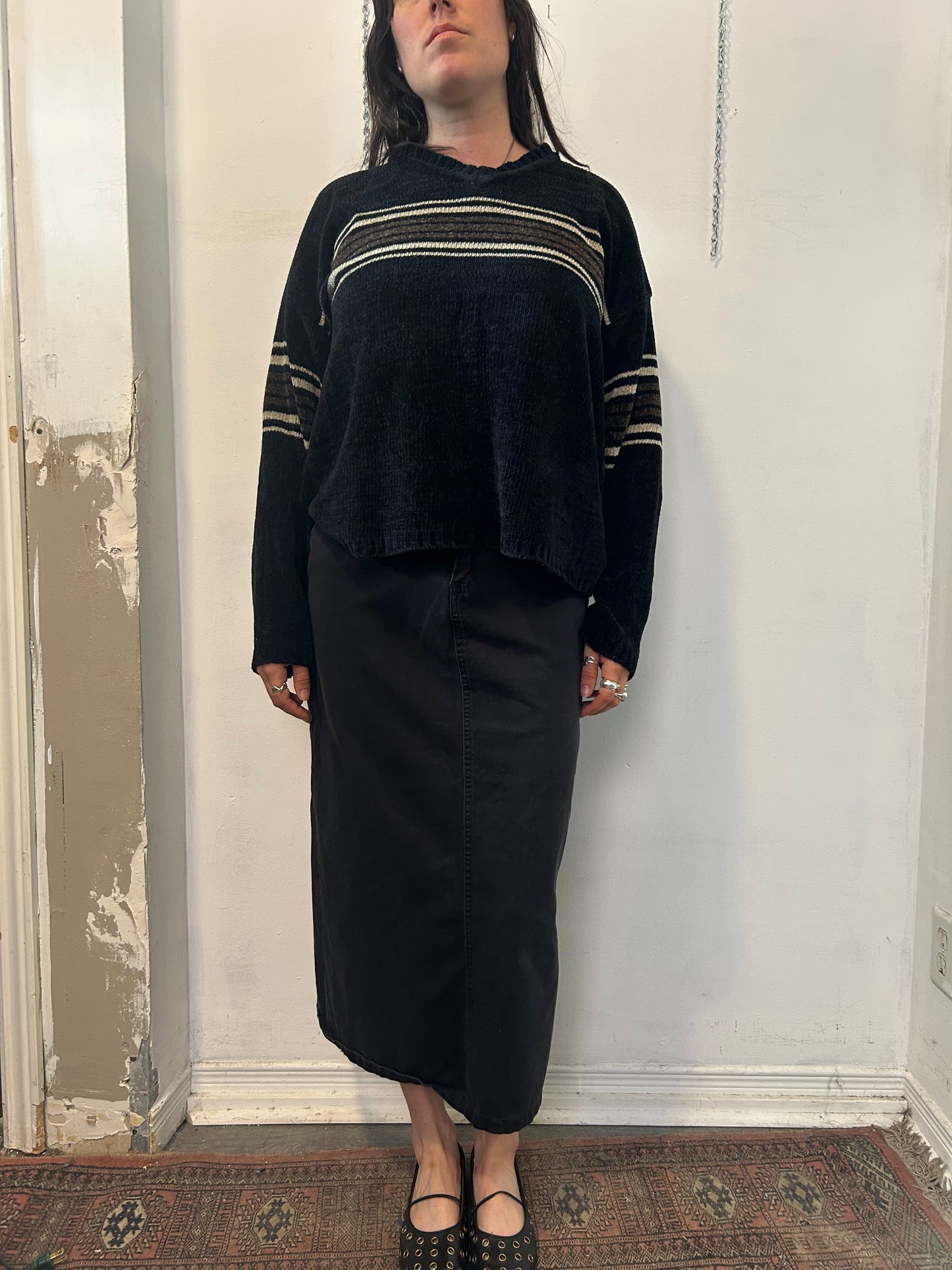 90’s Vintage Black Striped Chenille Sweater / Size XL
