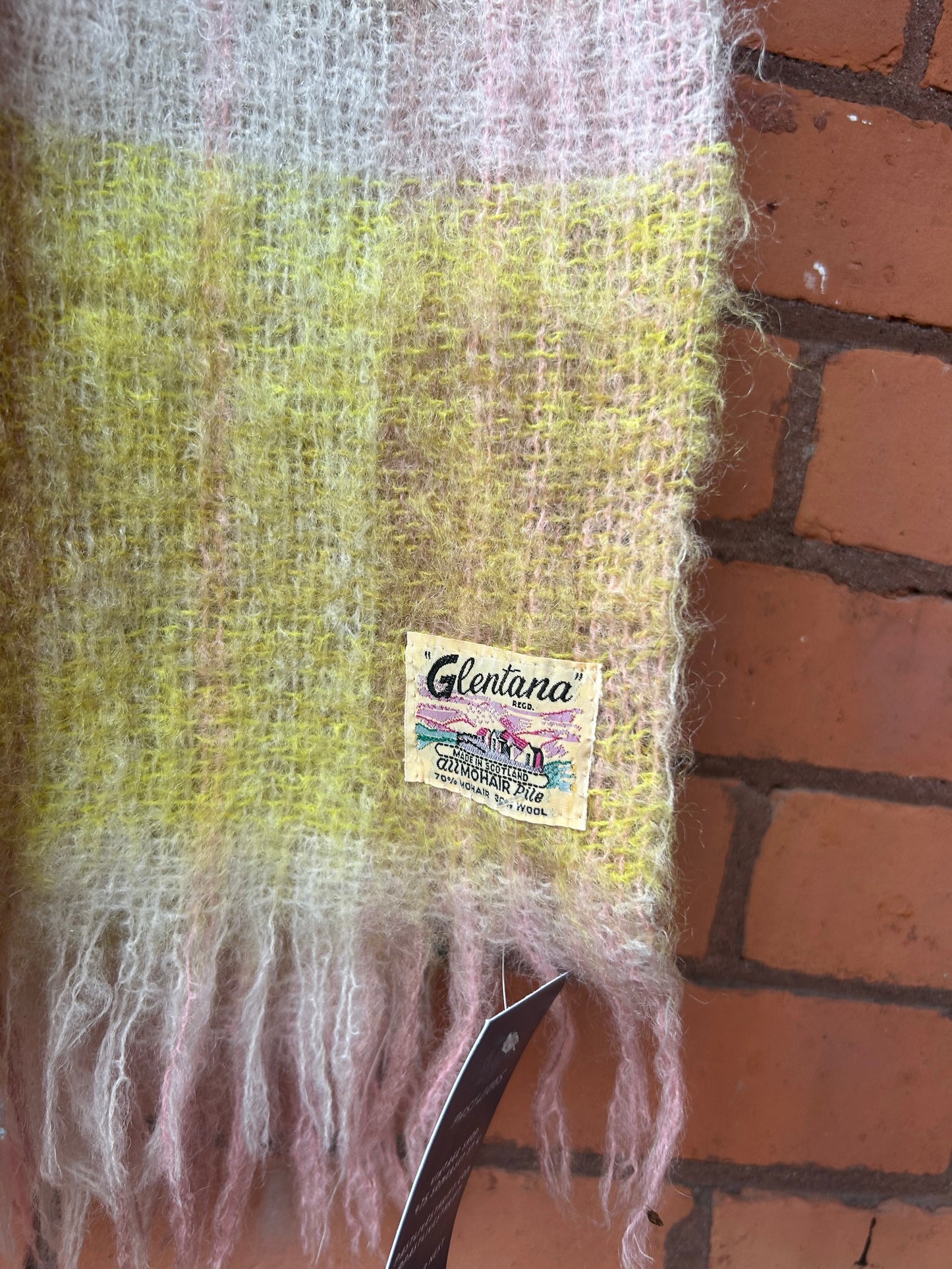 70’s Vintage Yellow & Pink Woven Mohair Blanket Scarf