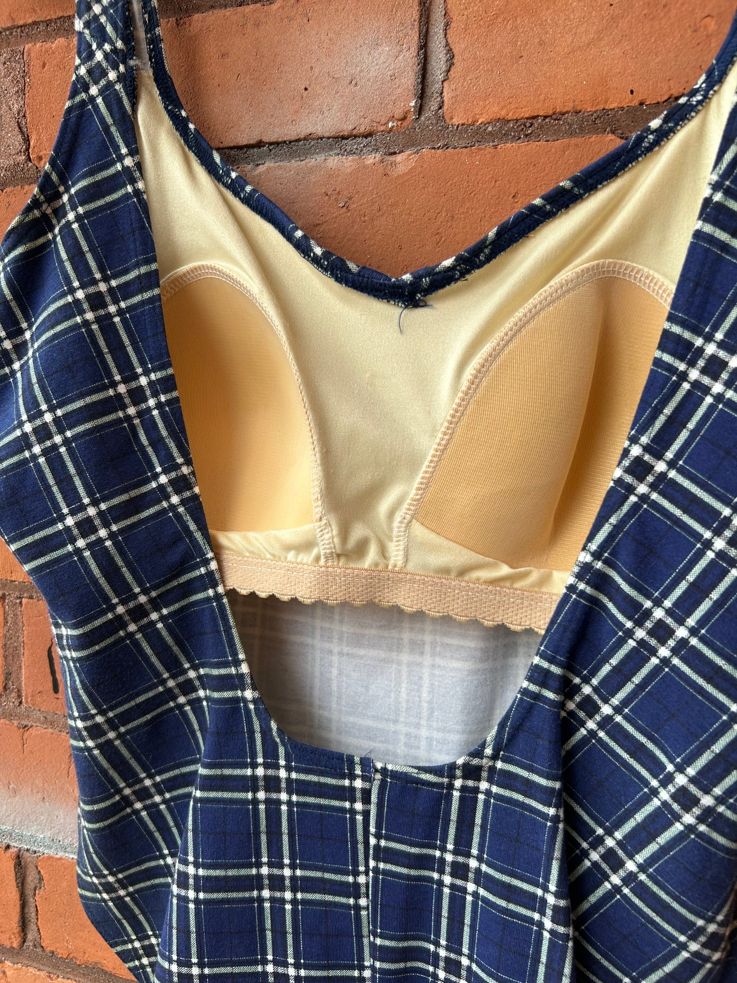 90’s Vintage Navy Plaid Cotton Low Back Body Suit / Size M