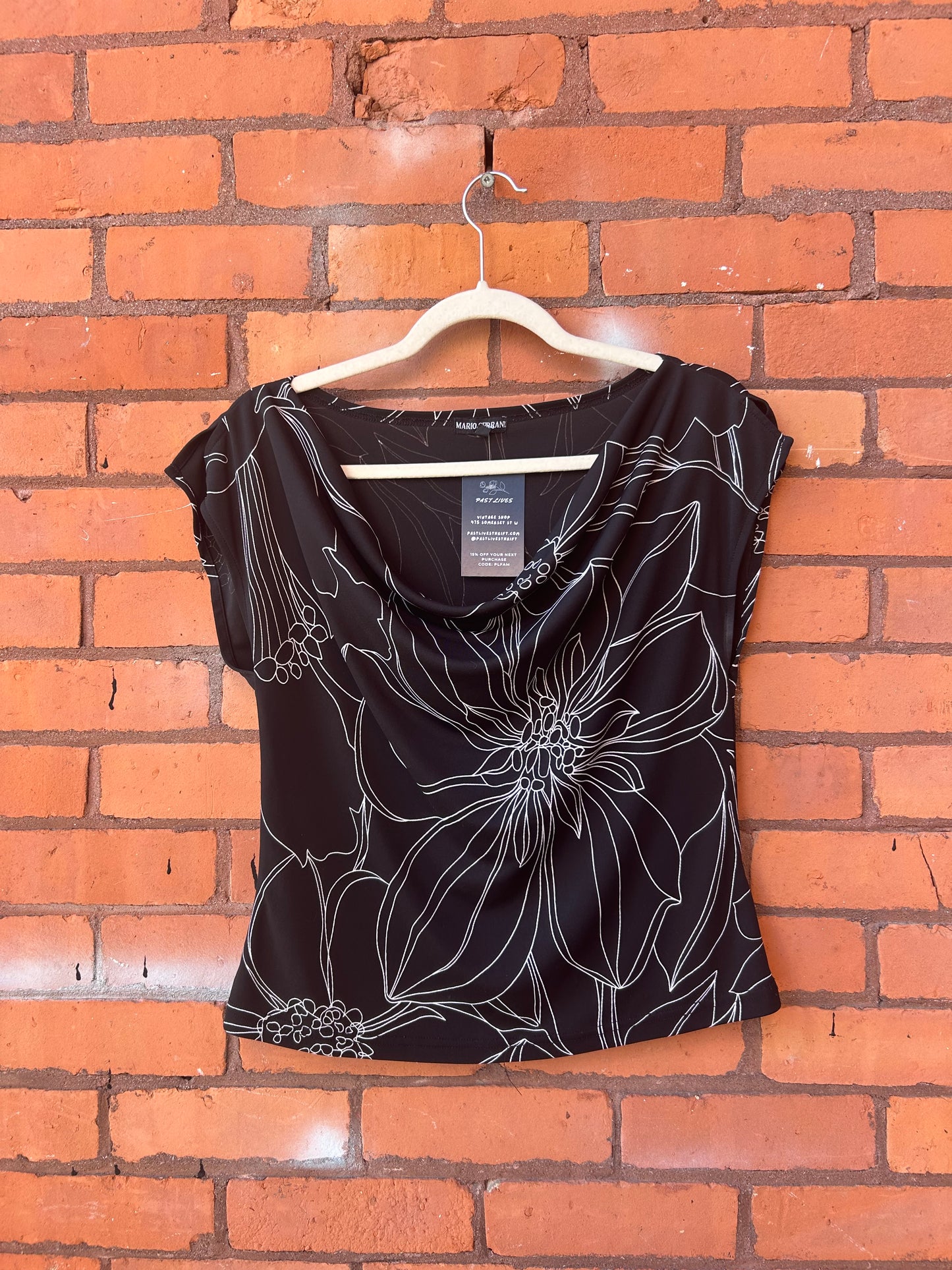 90’s Vintage Black & White Floral Cowlneck Top / Size L