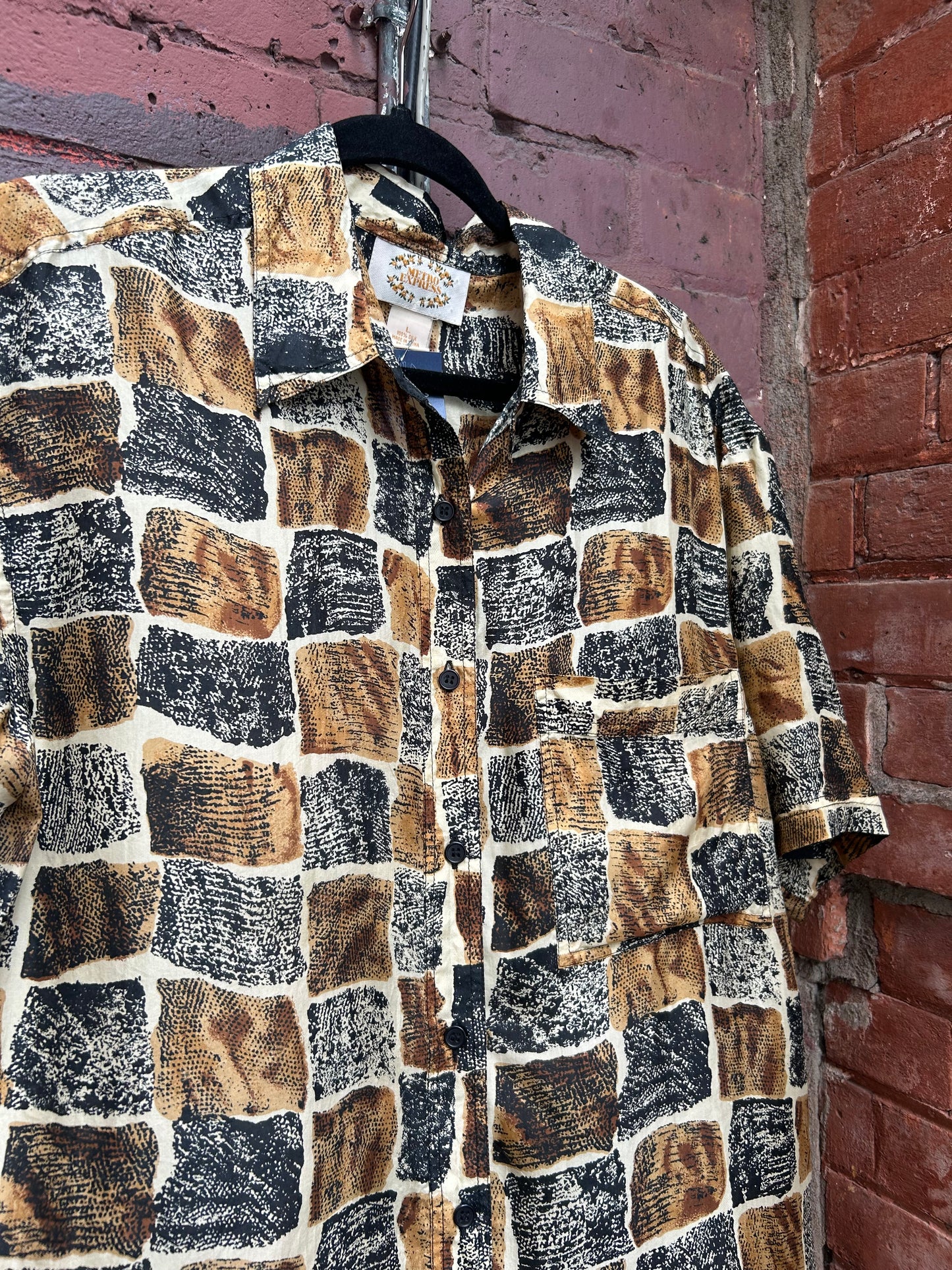 90’s Vintage Brown & Grey Silk Button Down Shirt / Size L