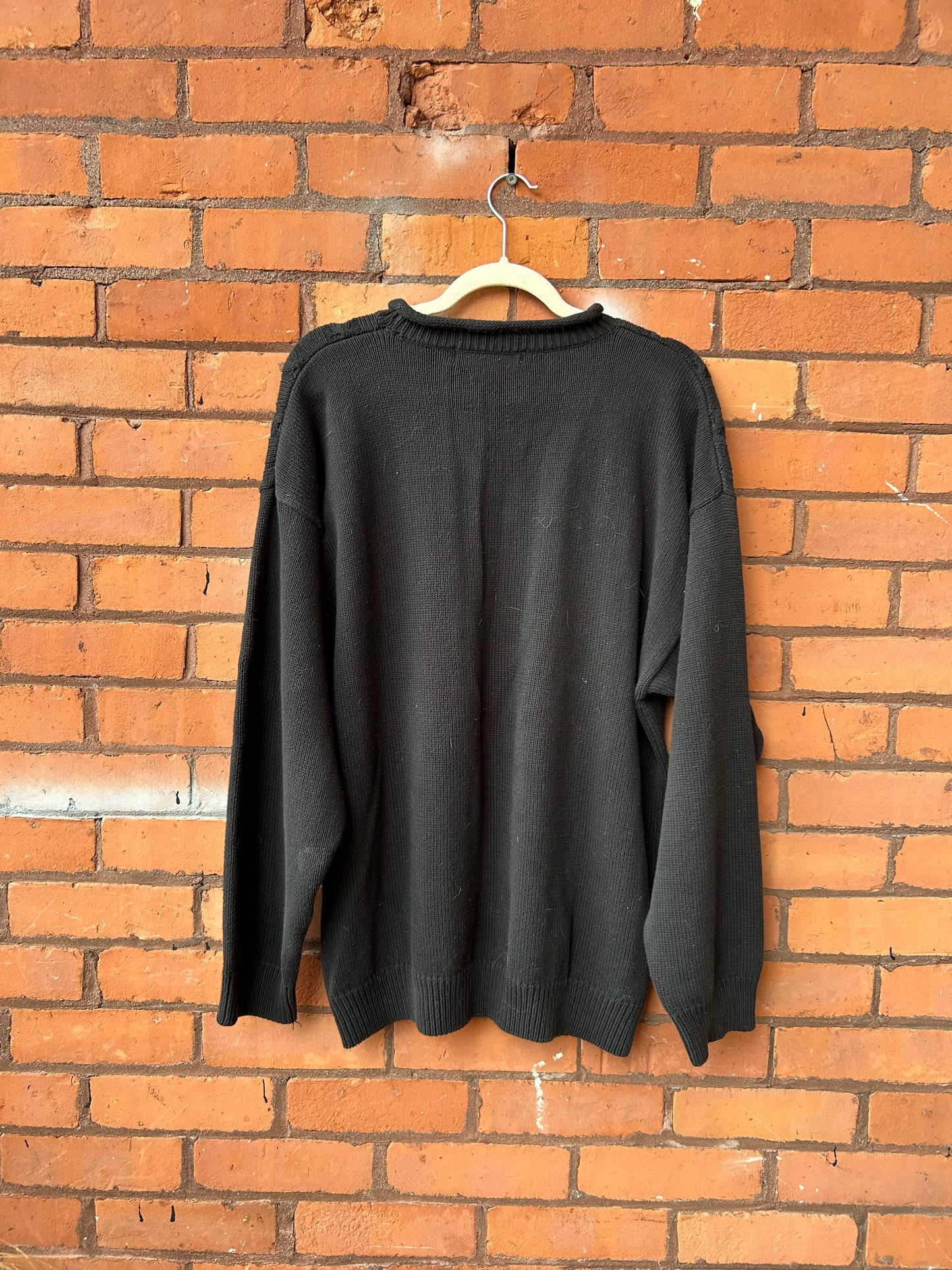 90’s Vintage Black Cotton Cable Knit Rollneck Sweater / Size XL