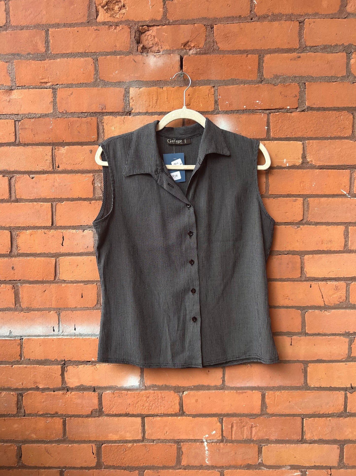 90’s Vintage Navy & White Grid Print Button Down Tank / Size M