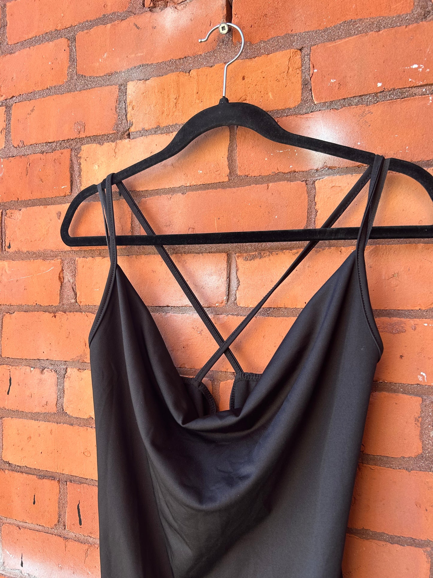 90’s Vintage Black Cowlneck Strappy Midi Dress / Size L