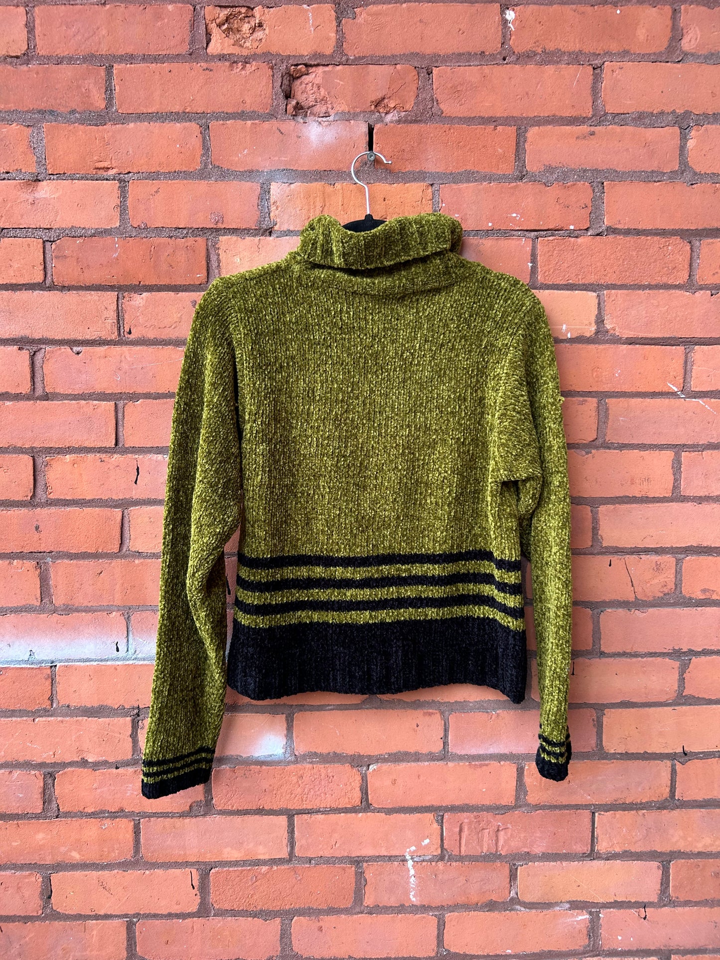 90’s Vintage Green & Black Striped Chenille Turtleneck Sweater / Size M