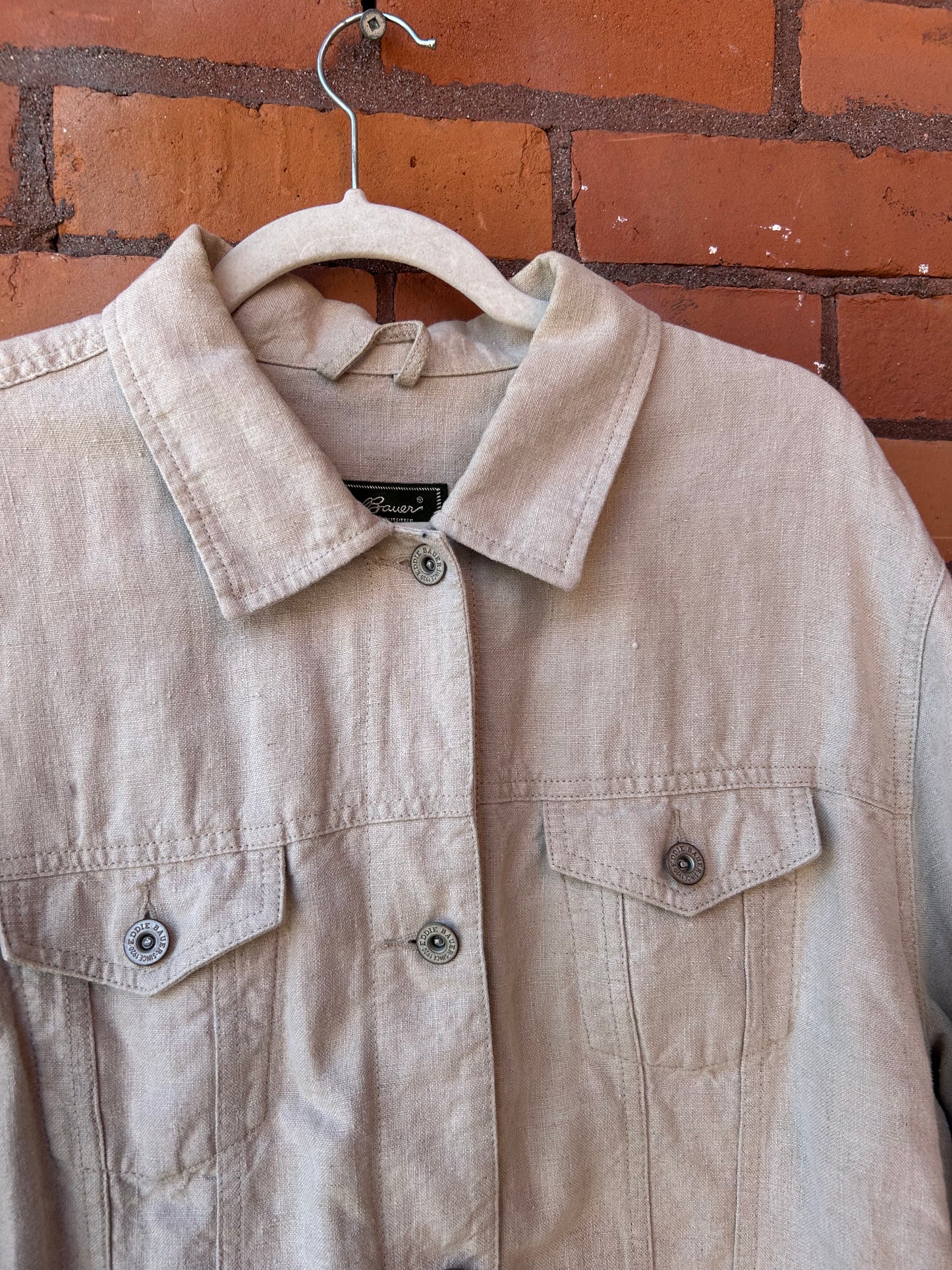 90’s Vintage Beige Linen Trucker Jacket / Size XXL
