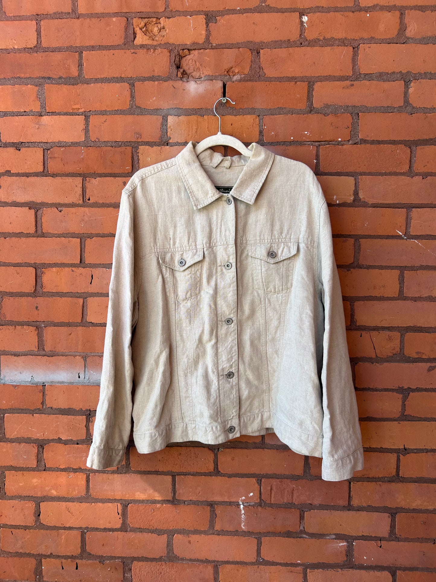 90’s Vintage Beige Linen Trucker Jacket / Size XXL
