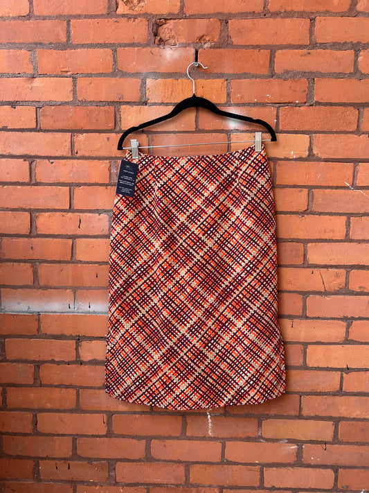 90’s Vintage Orange & Red Plaid Midi Skirt / 28 Waist