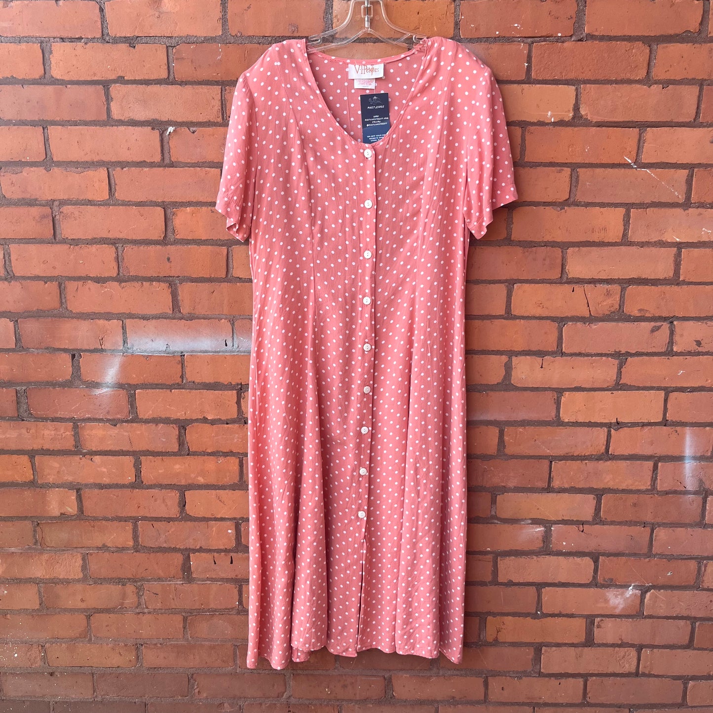 90’s Vintage Pink & White Polka Dot Button Down Maxi T-Shirt Dress / Size L