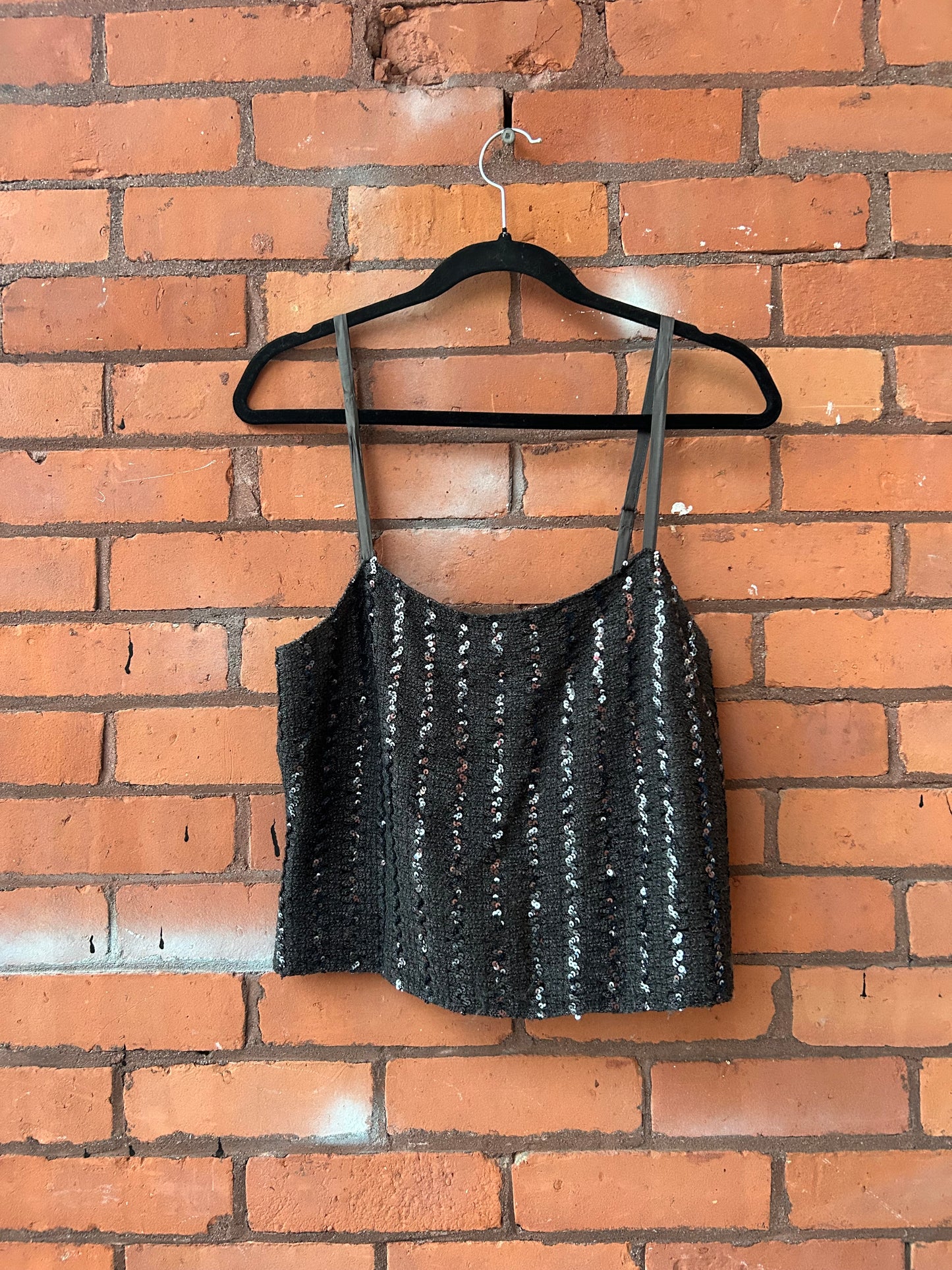 90’s Vintage Grey Sequin Cropped Square Neck Tank Top / Size M-L