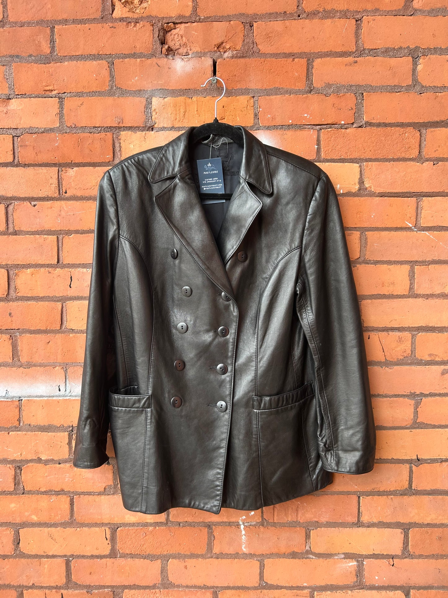 90’s Vintage Black Leather Double Breasted Jacket / Size M