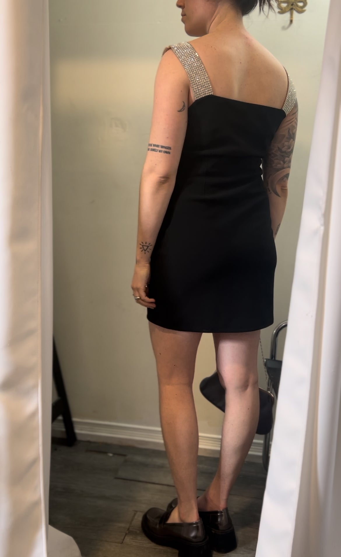 90’s Vintage Holt Renfrew Black Rhinestone Strap Mini Dress / Size 10-12