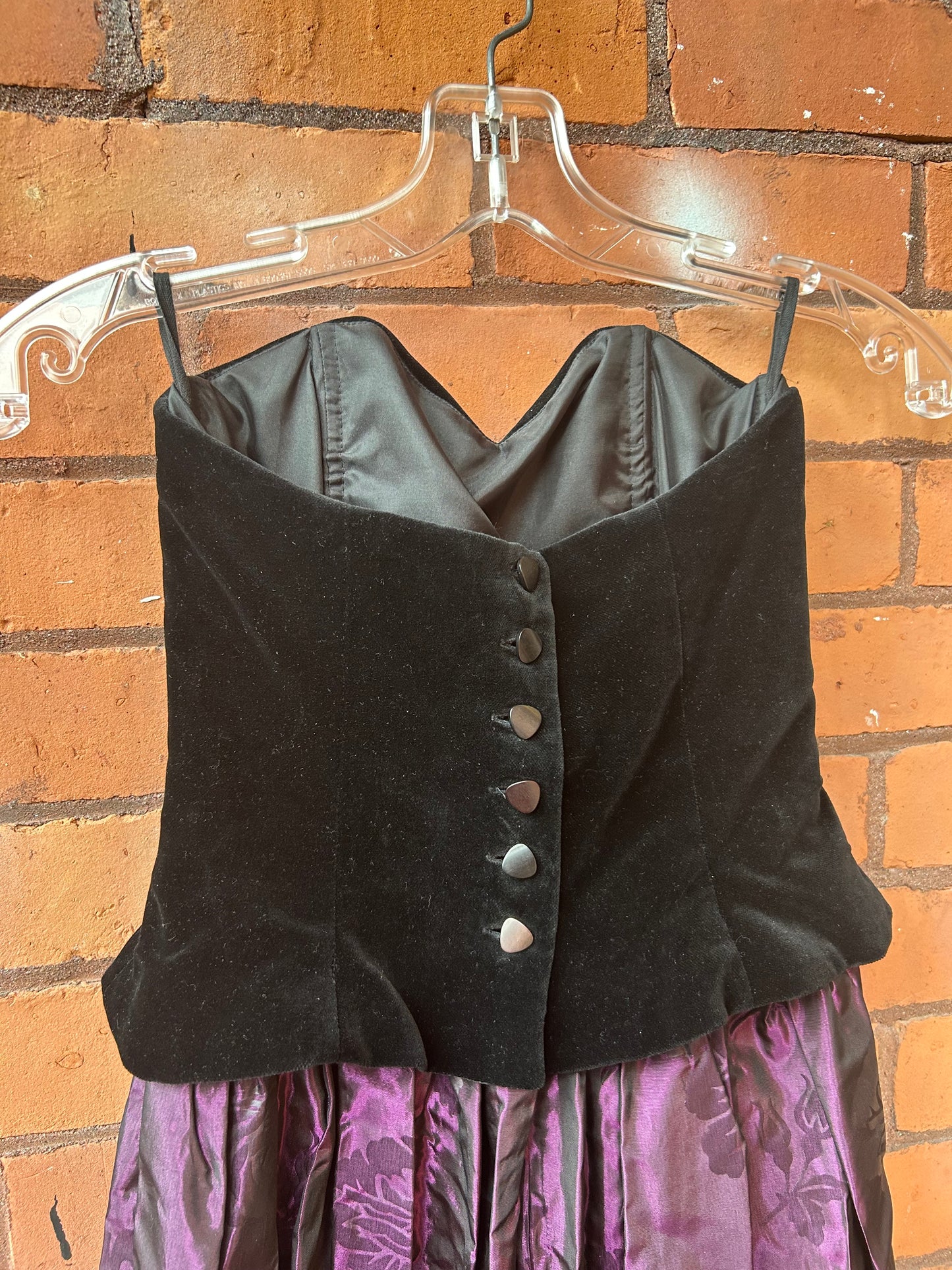 90’s Vintage Laura Ashley Black Velvet Corset Purple Floral Gown / Size 0-2