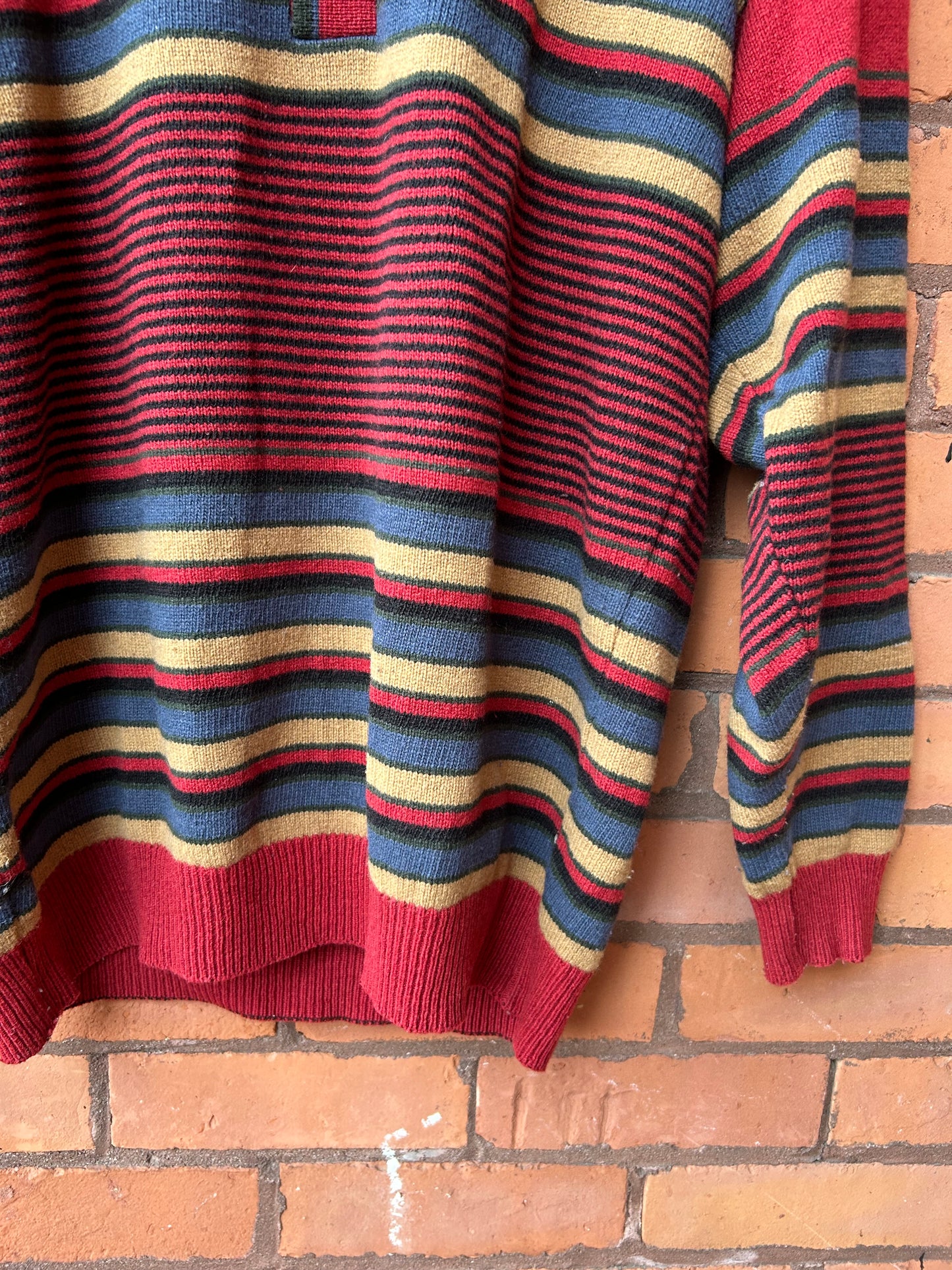 90’s Vintage Red Yellow & Blue Striped Lambswool Henley Sweater / Size L
