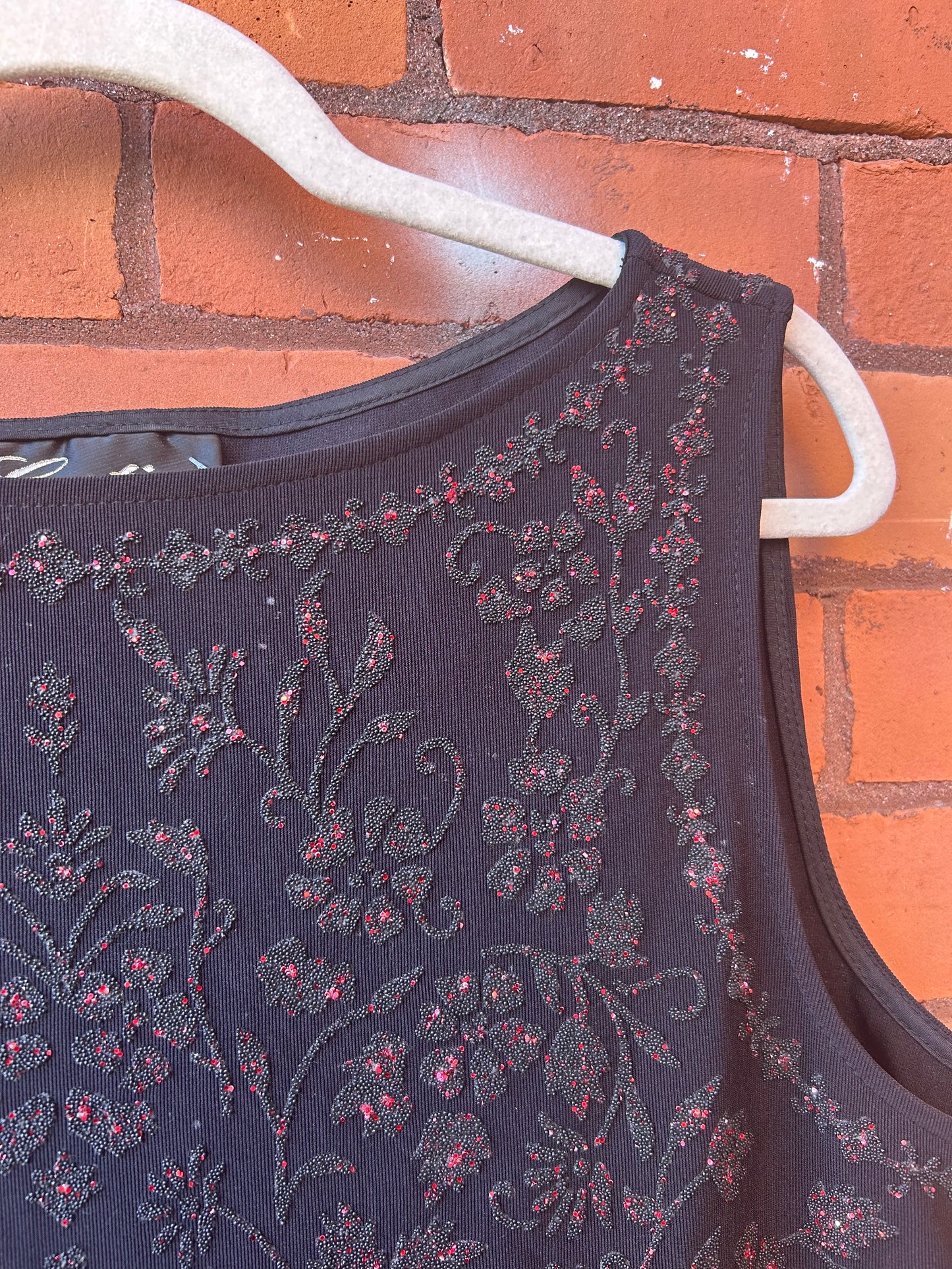 90’s Vintage Black & Red Sparkle Floral High Neck Tank Top / Size XXL