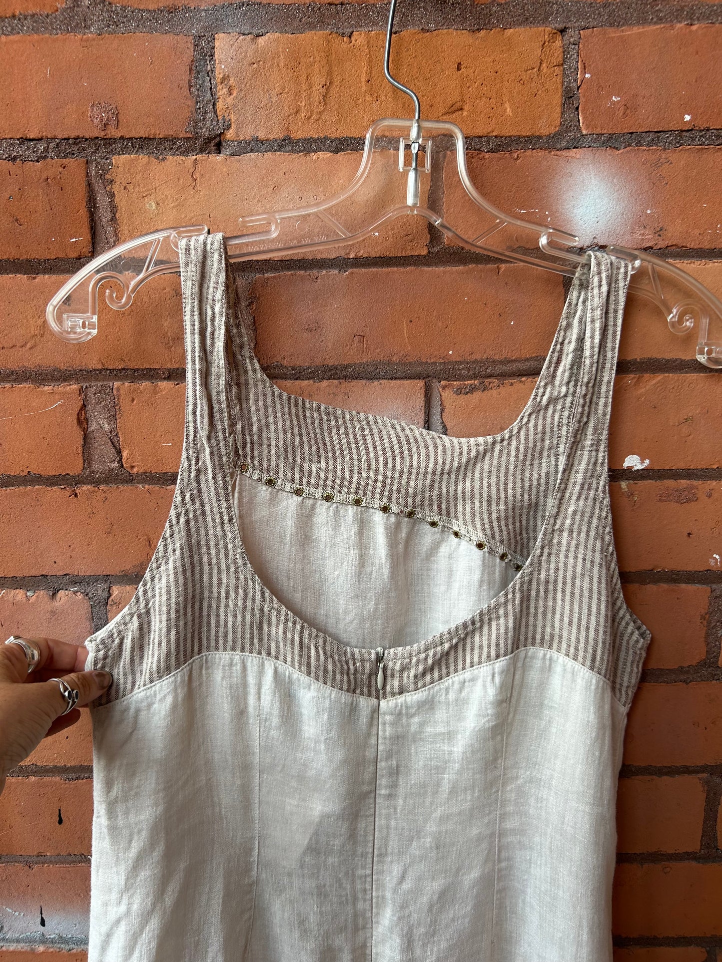 90’s Vintage Beige & Striped Linen Maxi Dress / Size 12