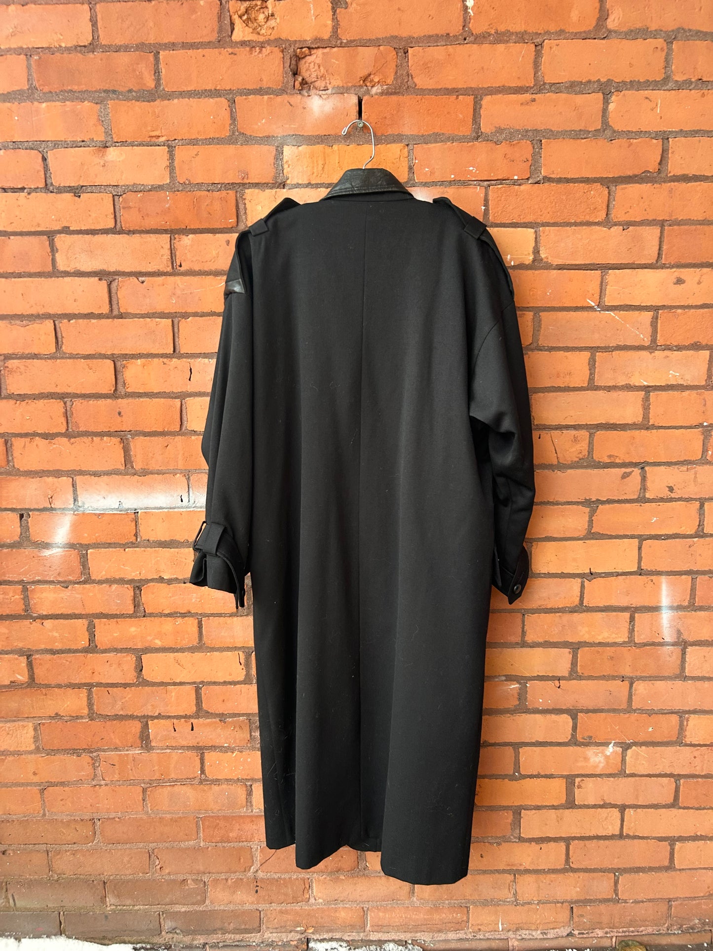 90’s Vintage Black Wool & Leather Over Coat / Size M