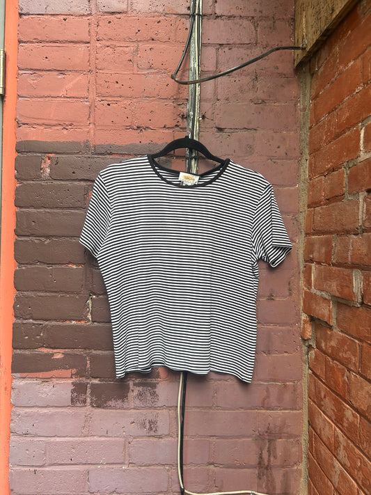 90's Vintage Black & White Striped Boxy Cotton Tee / Size M