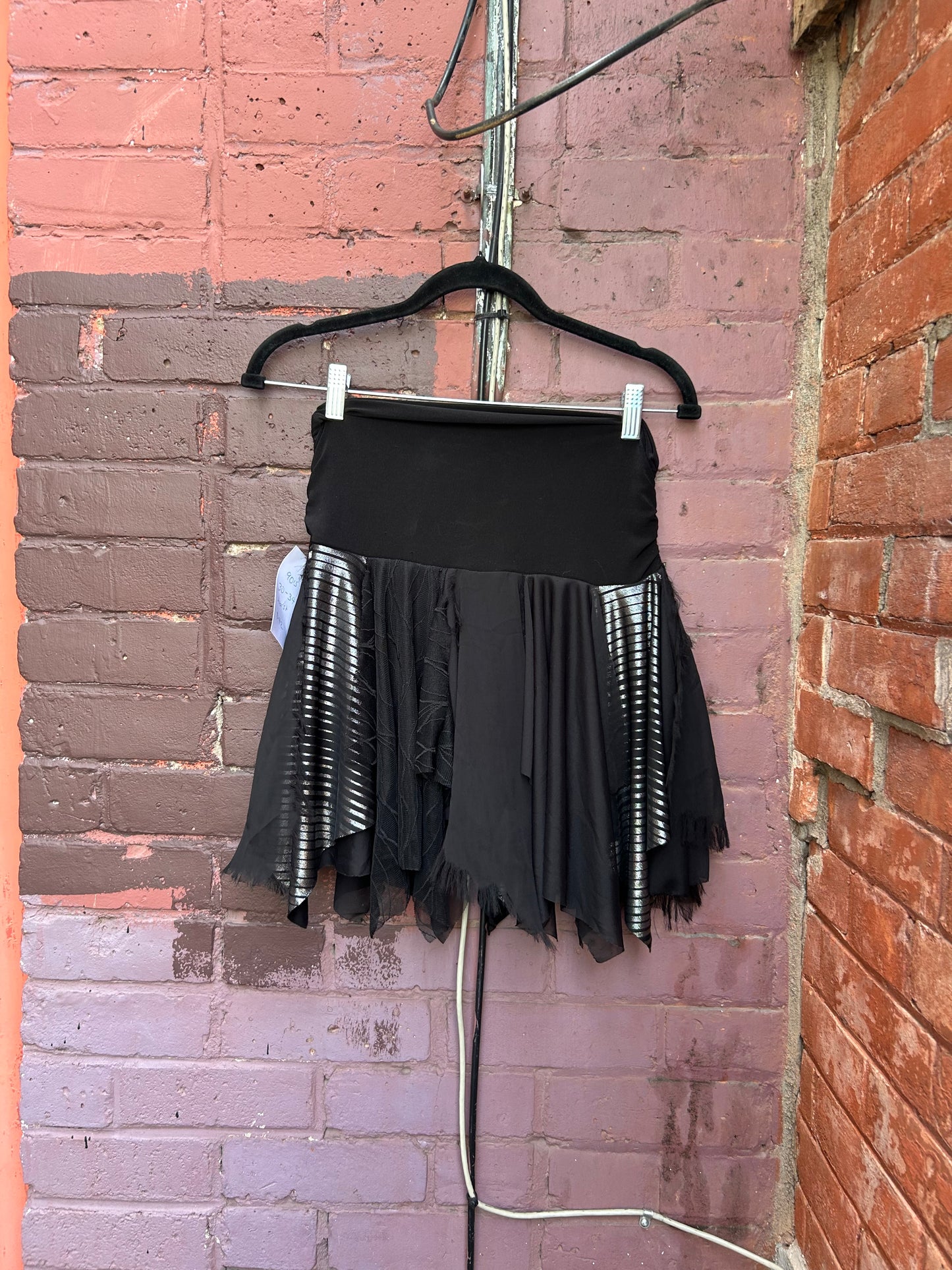 90's Vintage Black & Silver Drop Waist Scrappy Mini Skirt / 30-34 Waist