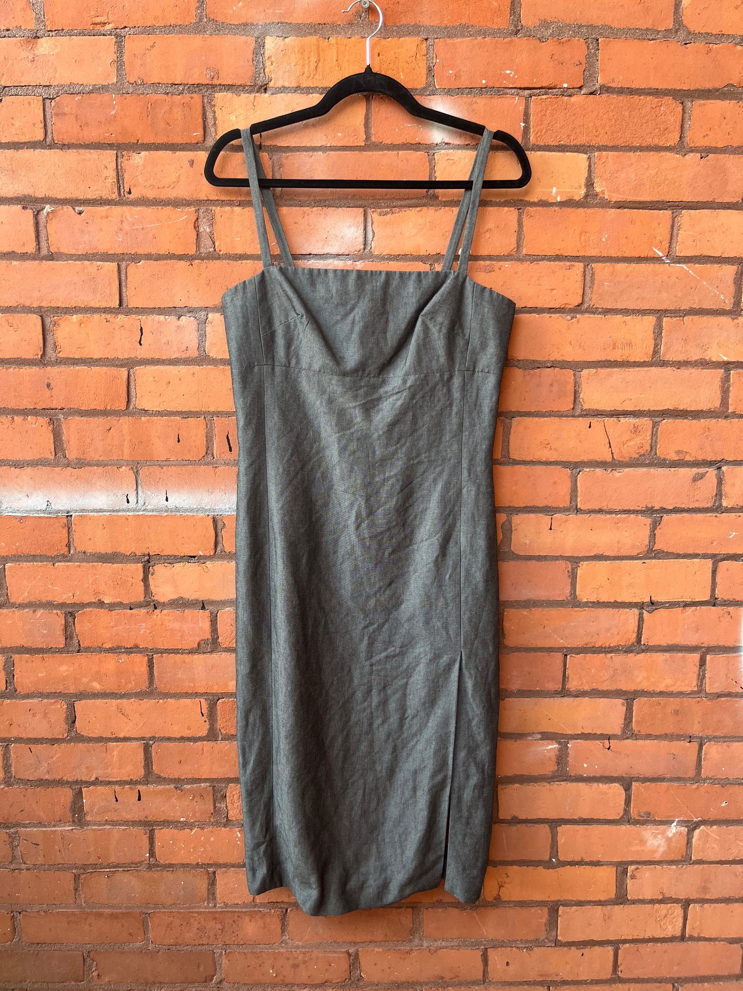 90’s Vintage Grey Square Neck Linen Blend Midi Dress / Size 6-8