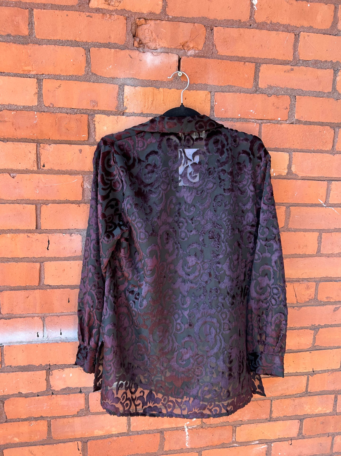 90’s Vintage Burgundy Velvet & Black Mesh Blouse / Size M